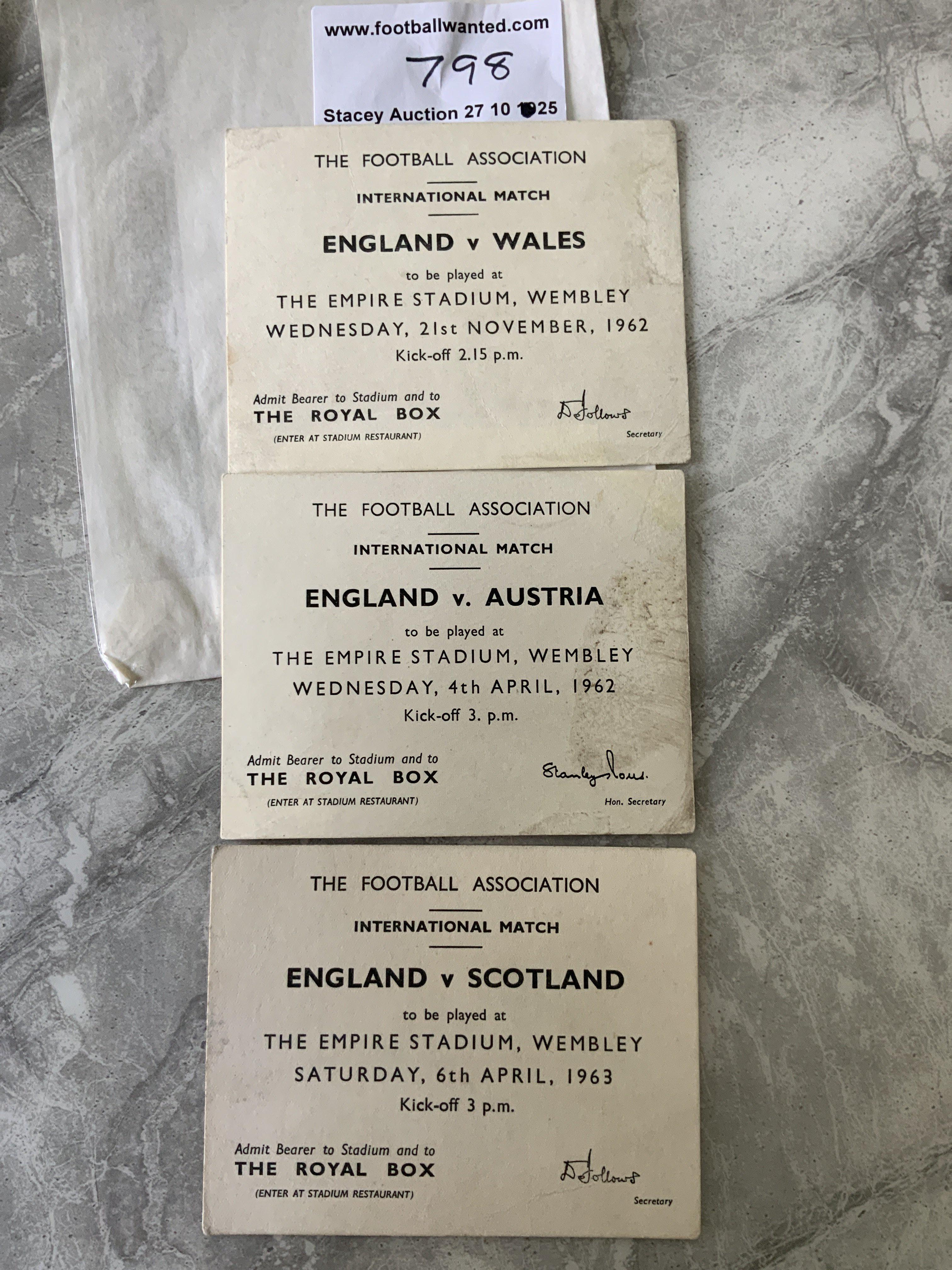 England 1960s Royal Box Football Tickets: 1962 Wales, Austria and 1963 Scotland all at Wembley. Fair/good. (3)