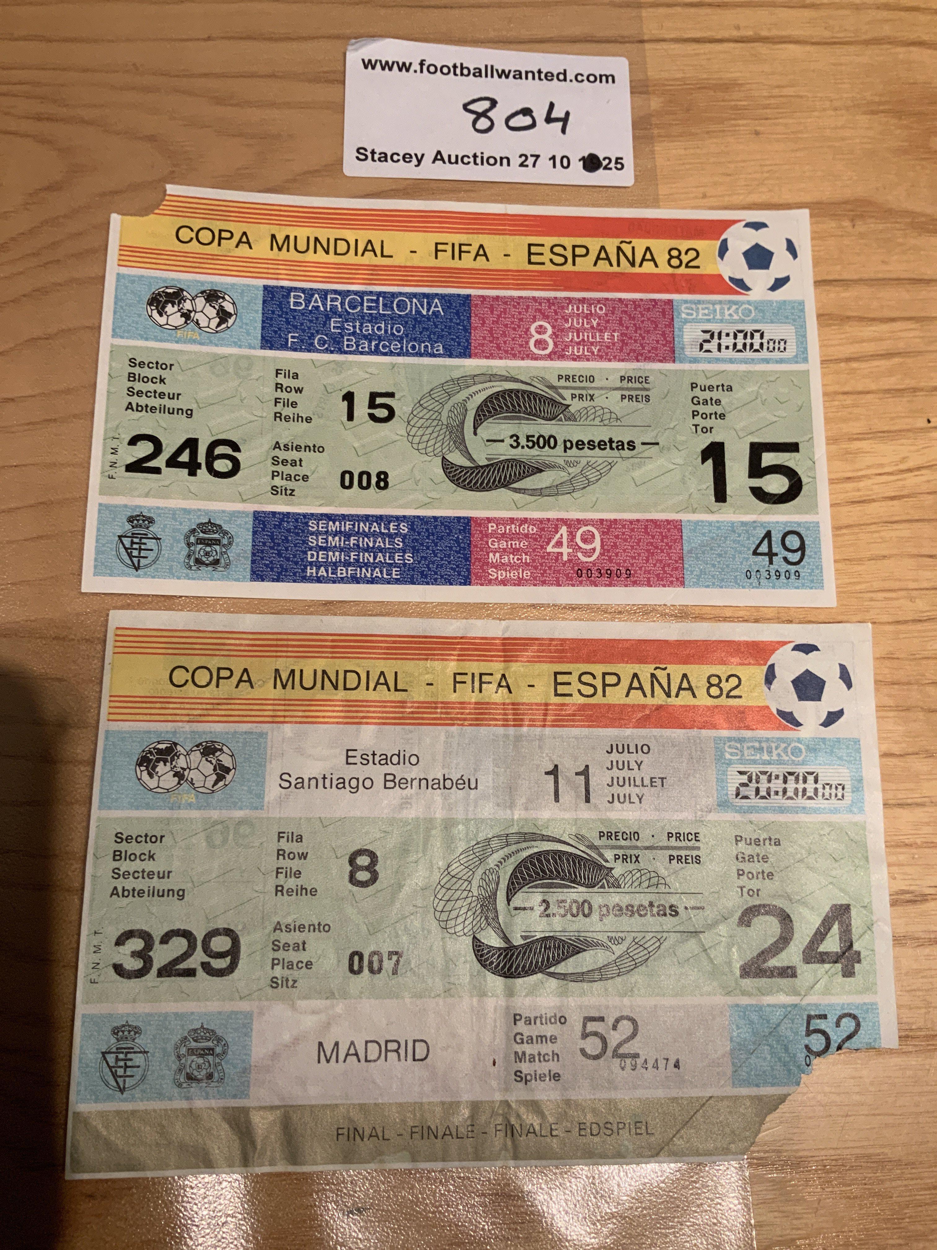1982 World Cup Semi Final + Final Football Tickets: Semi final Italy v Poland and final Italy v West Germany both in excellent condition with a small piece torn from corner on each for entry. Genuine original tickets. (2)