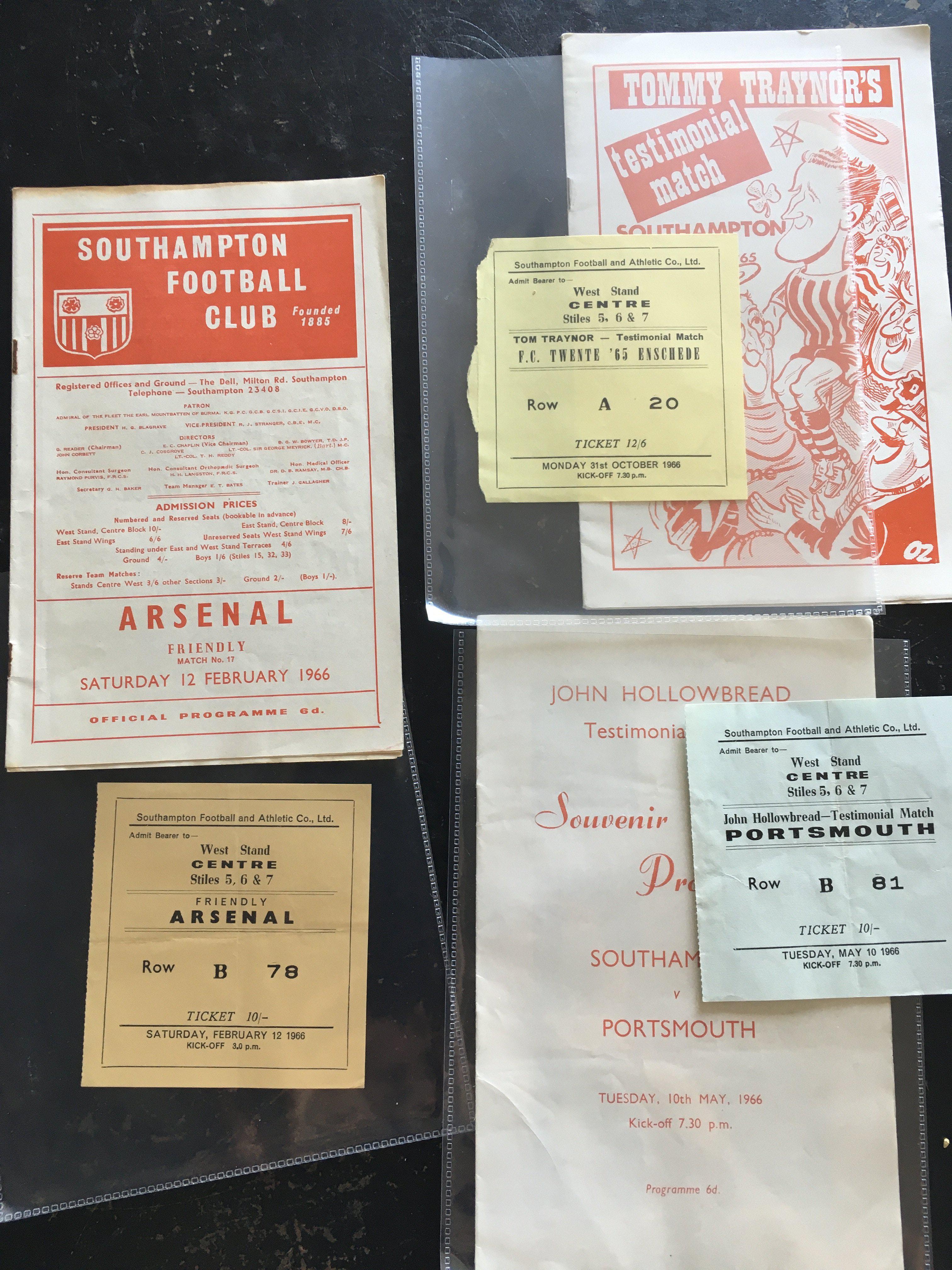 Southampton 65/66 Home Football Tickets + Programmes: Tommy Traynors testimonial, John Hollowbread testimonial and a friendly v Arsenal. Very good. (6)