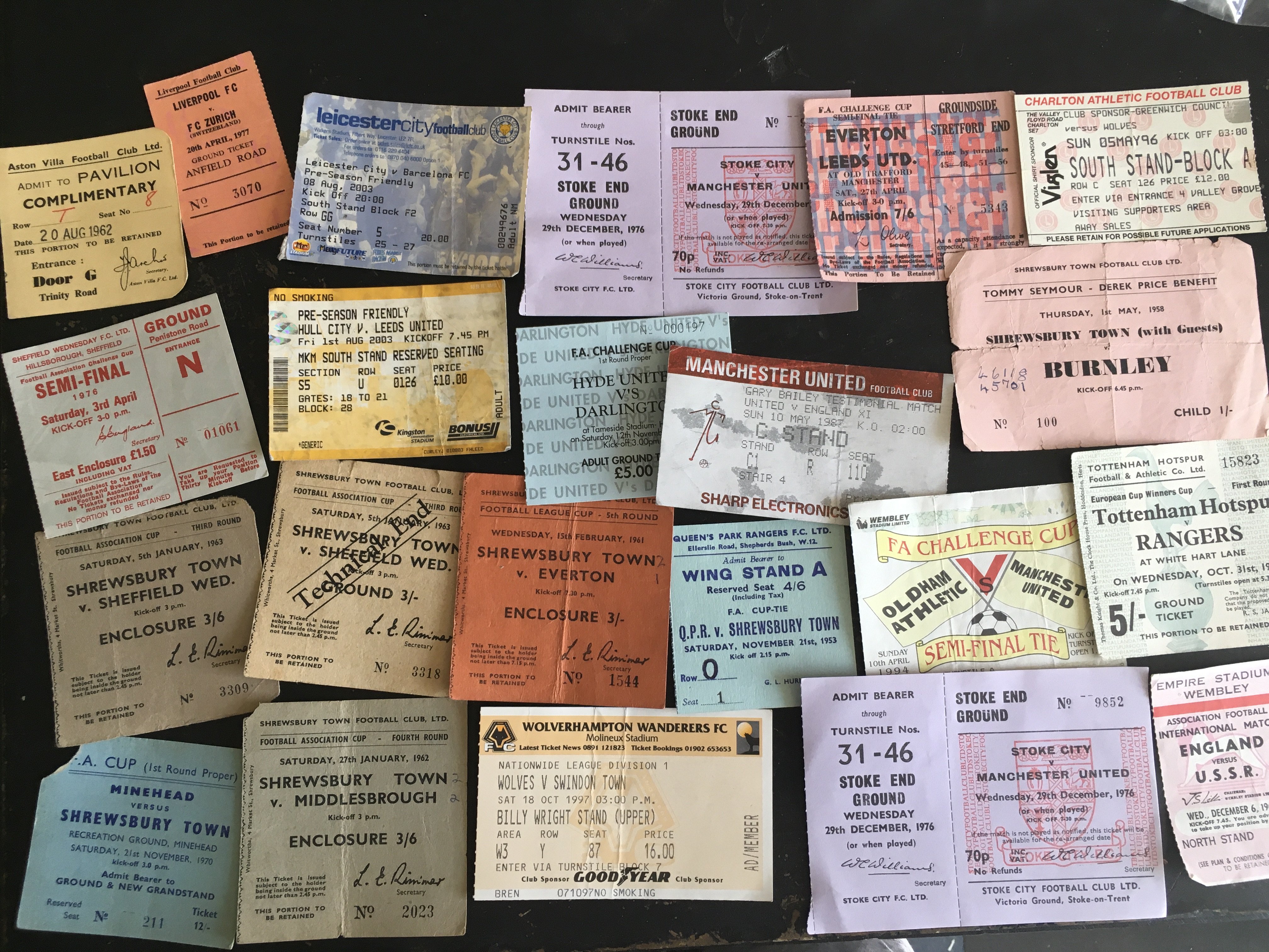 Football Ticket Collection: Includes Shrewsbury homes v 60/61 Everton League Cup and a few more from that era, 76/77 Liverpool v Zurich, 62/63 Aston Villa v Tottenham, 53/54 QPR v Shrewsbury, Gary Bailey Manchester United testimonial. Mainly good. (22)
