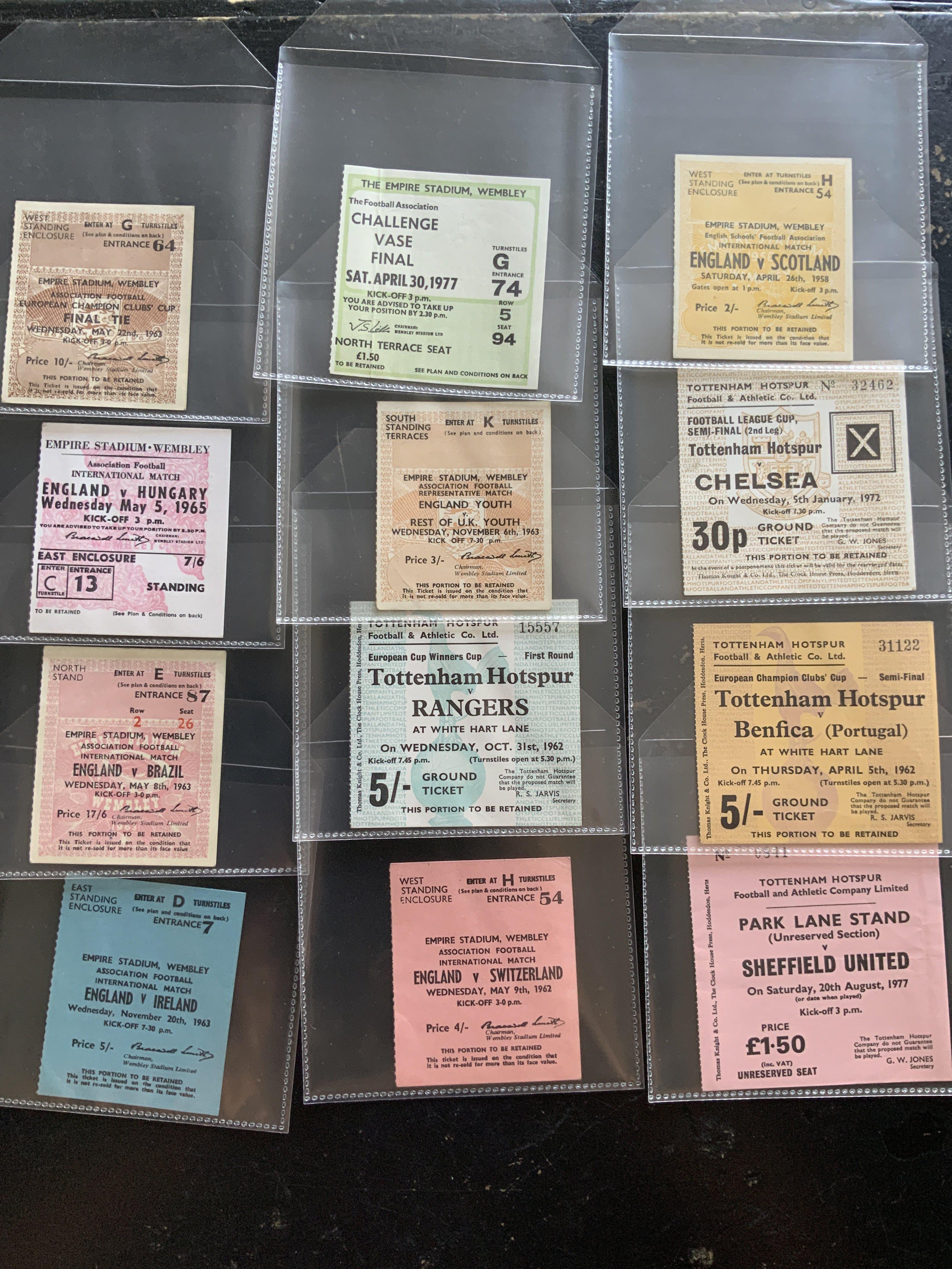 Football Match Tickets: 1963 European Cup Final, Tottenham v 61/62 Benfica, 62/63 Rangers, 77/78 Sheffield United first match in Division Two. (12)