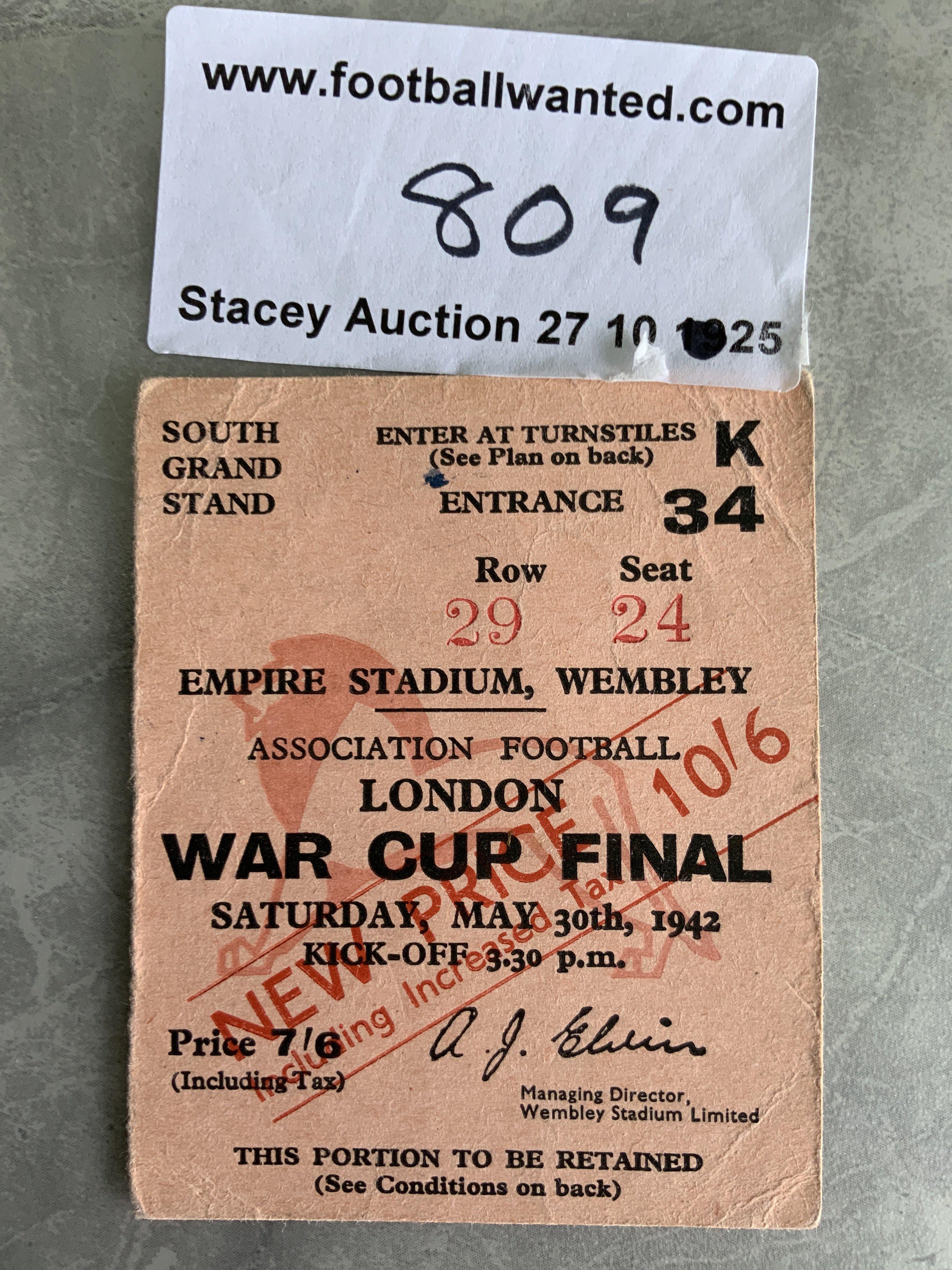 1942 War Cup Final Football Ticket: Portsmouth v Brentford played at Wembley. Very good condition with number written to rear.