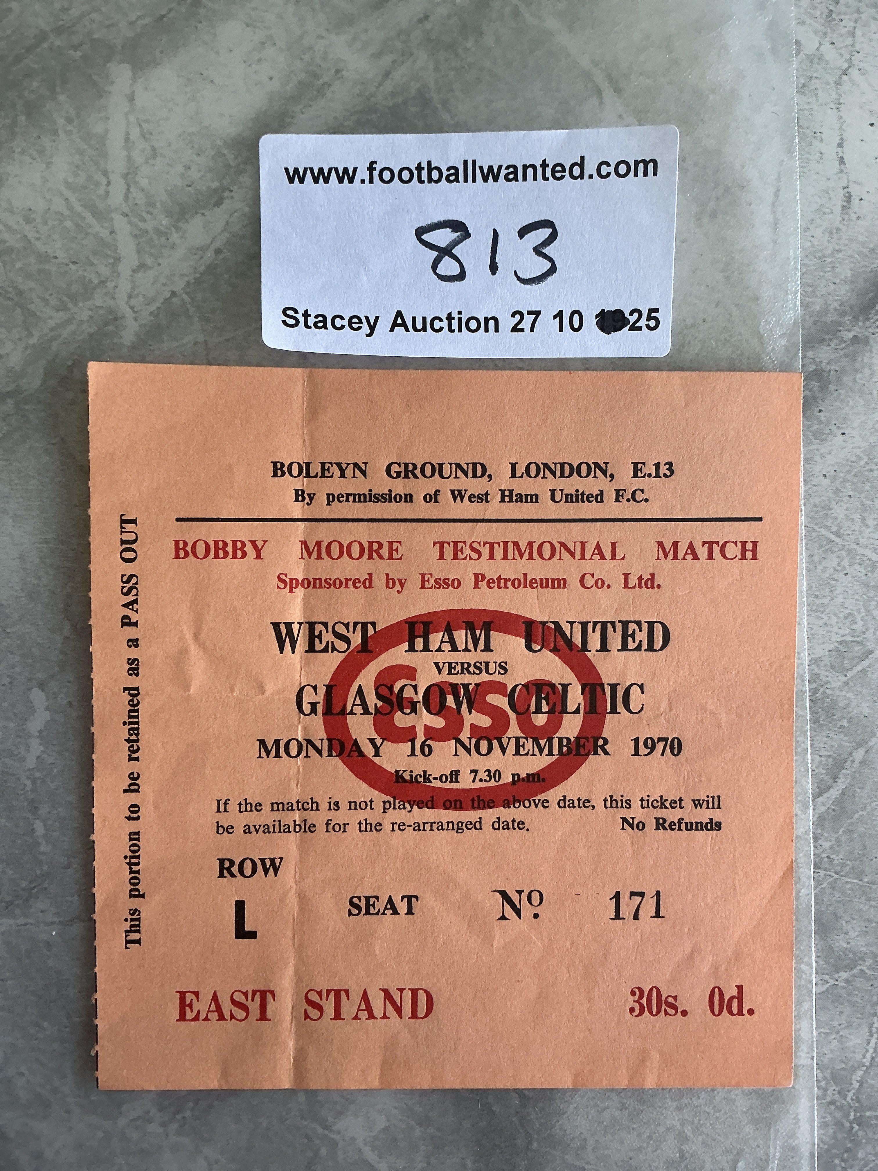 1970 Bobby Moore Testimonial Football Ticket: West Ham v Celtic played at Upton Park. Very good condition with lightest fold.