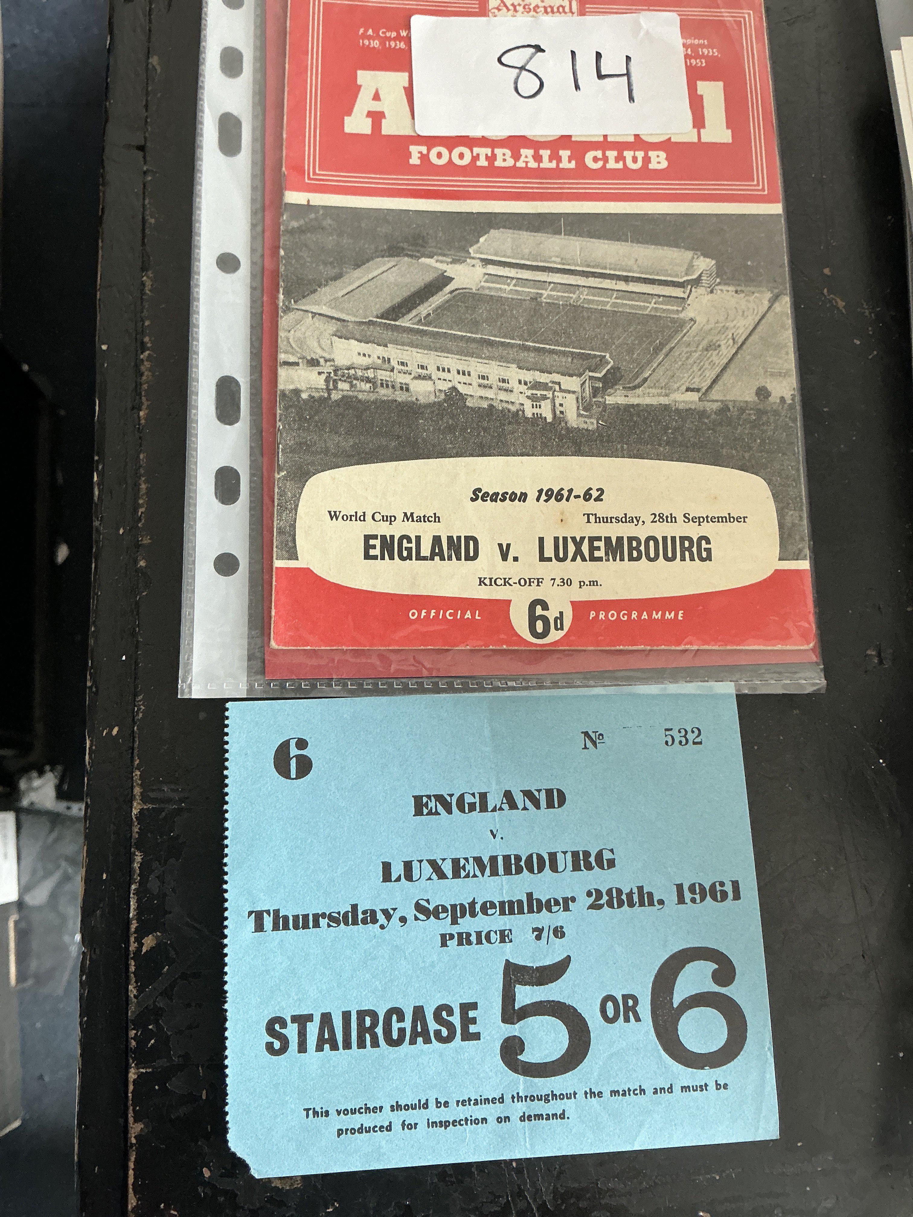 1961 England v Luxembourg Football Ticket: Full International played at Arsenal in good condition with tiniest piece missing from corner. C/W programme. (2)