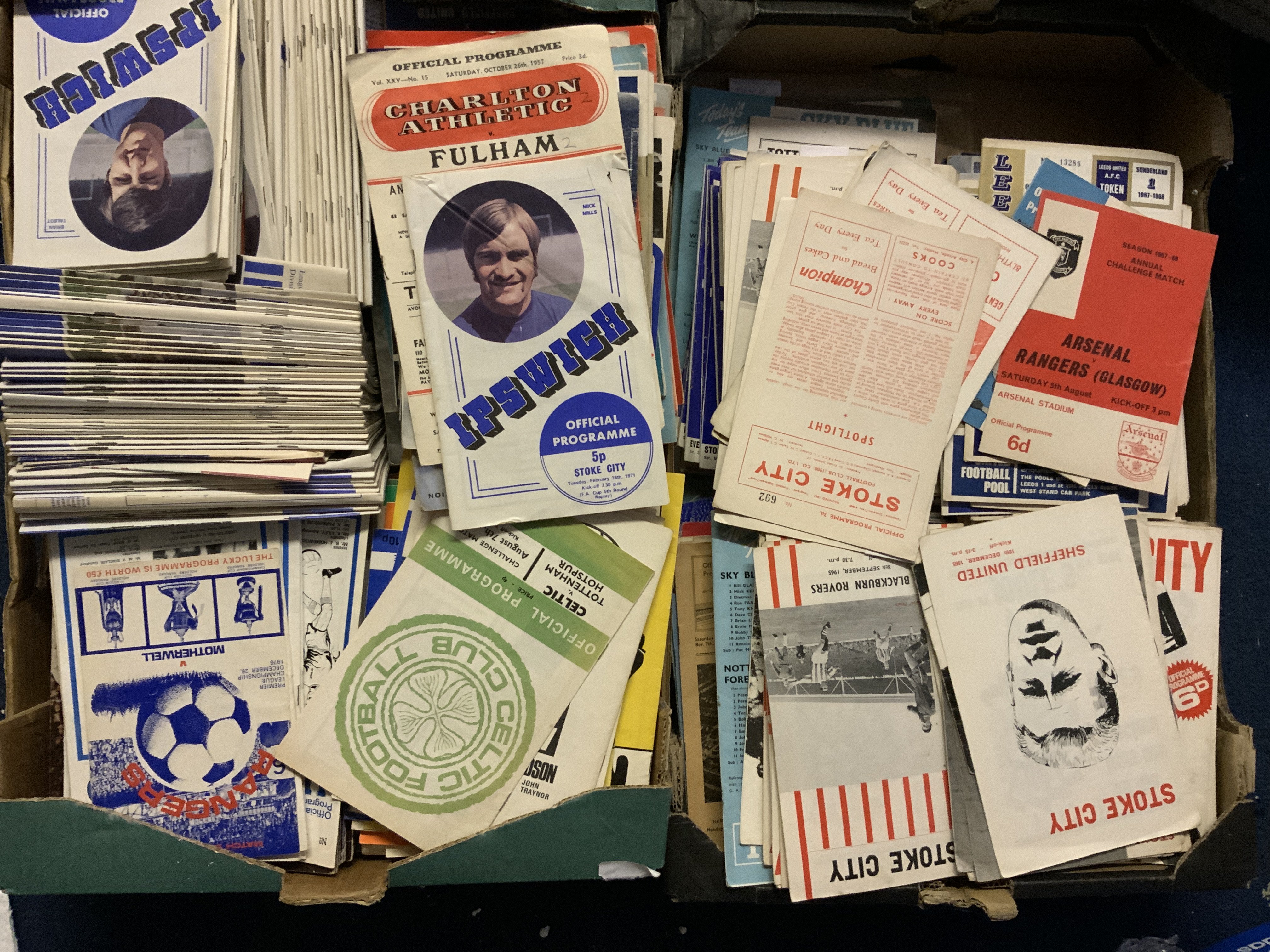 Football Programme Boxes: Many hundreds from the 60s with some earlier and later. Wide range of clubs with good Ipswich content. Worth a look as instructions to sell. (2 boxes)