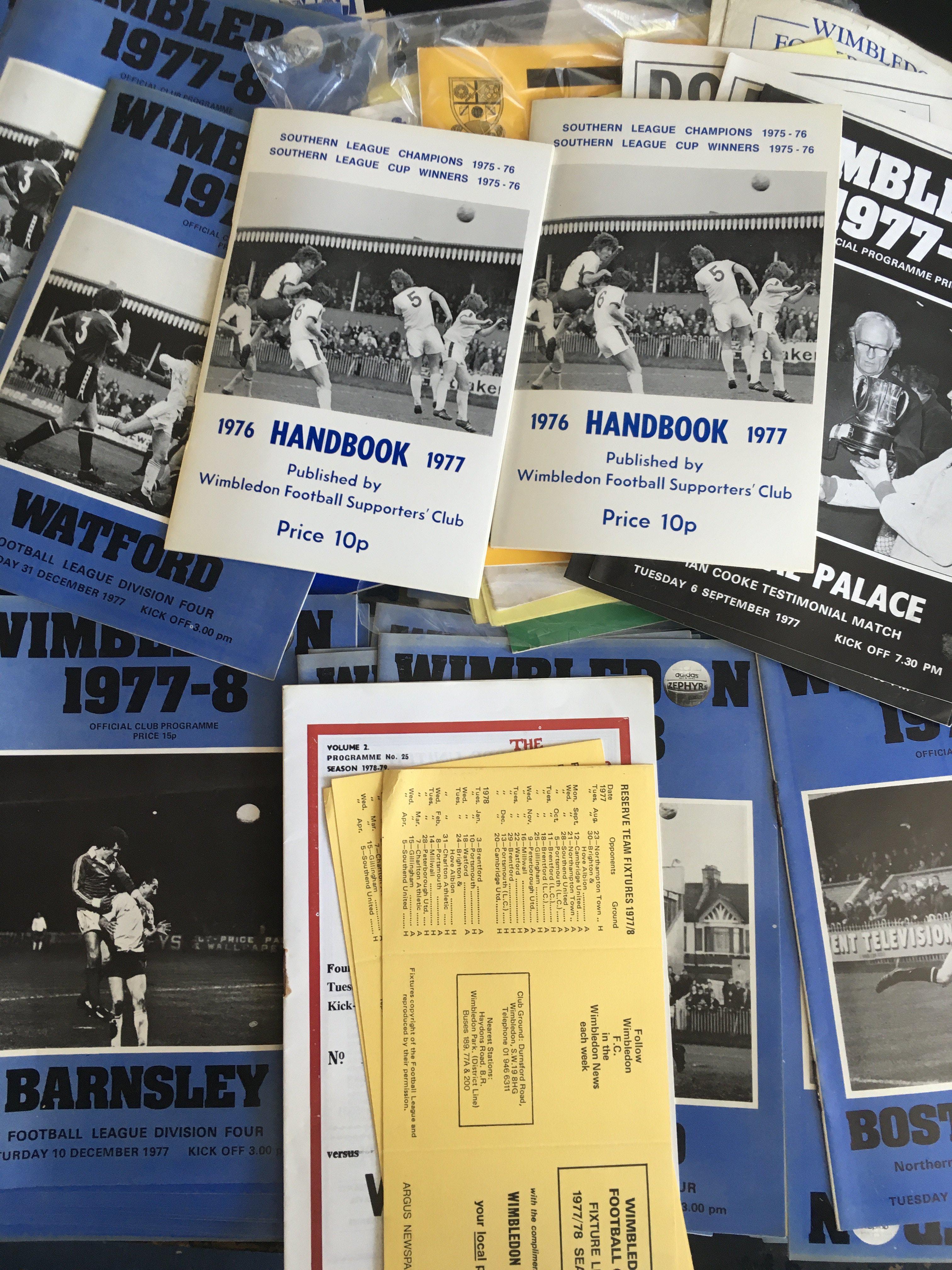1970s Wimbledon Home Football Programmes: Hundreds from their first season in the league 77/78 and more to include Dons Outlook and fixture cards. Estimate 500 programmes with heavy duplication in excellent condition.