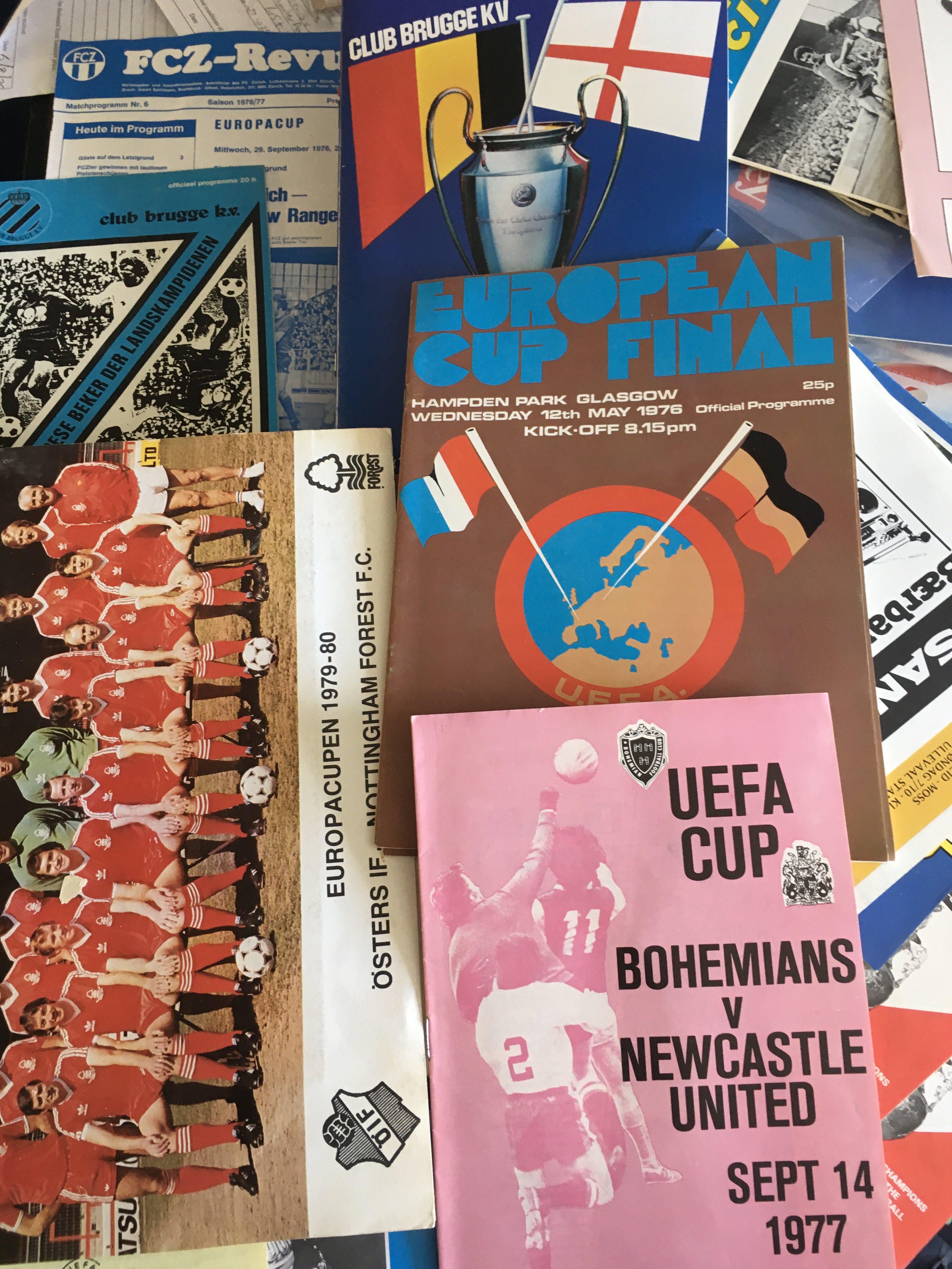 European Cup Football Programmes: Mainly involving British clubs both here and abroad. Includes many finals and must be viewed. Some nice items from all the various European competitions. (est 230+)