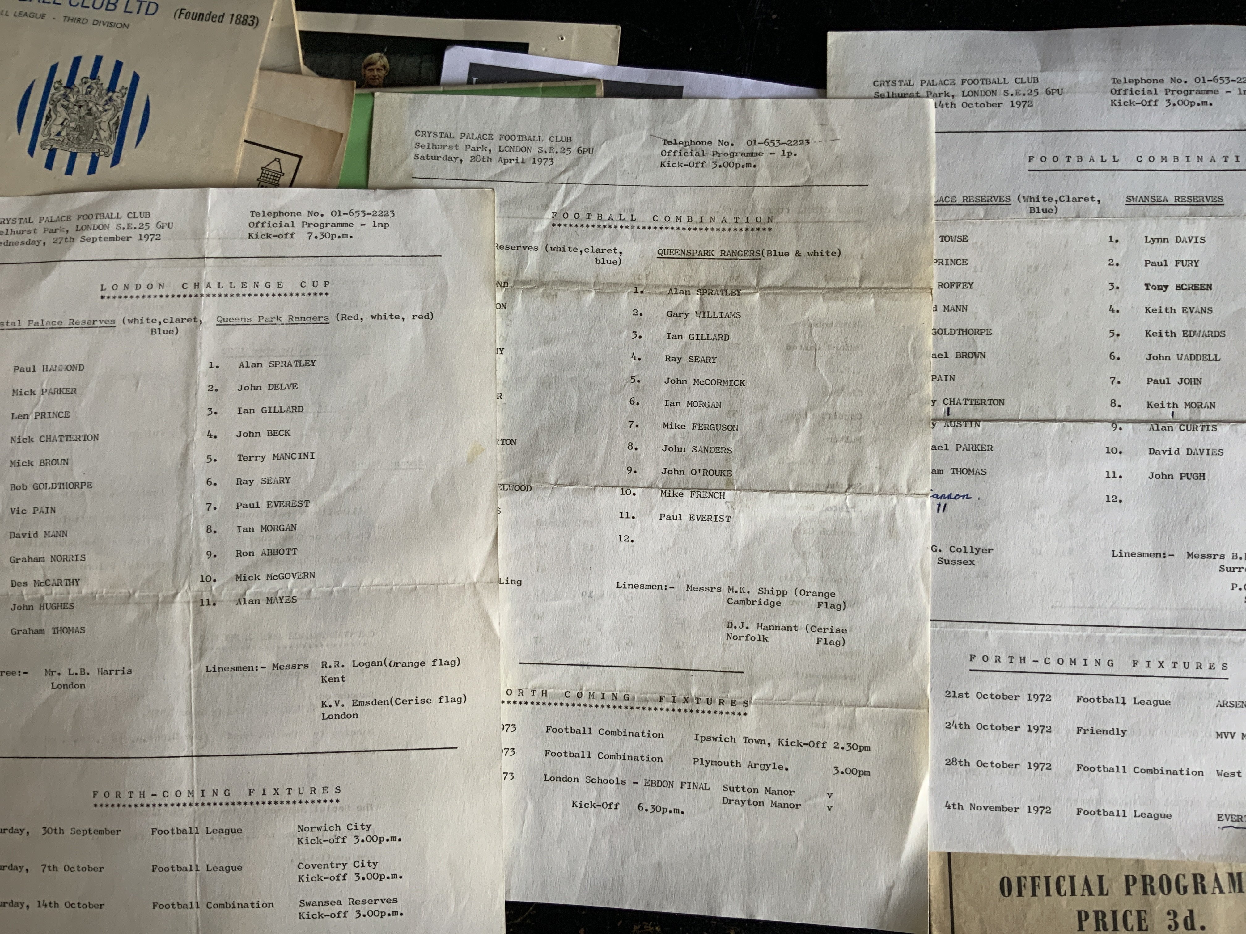 Crystal Palace Football Programmes + Memorabilia: Includes a few early 70s sheets with 72/73 LCC QPR, plenty of 60s home and away plus a few handbooks and posters. (box)