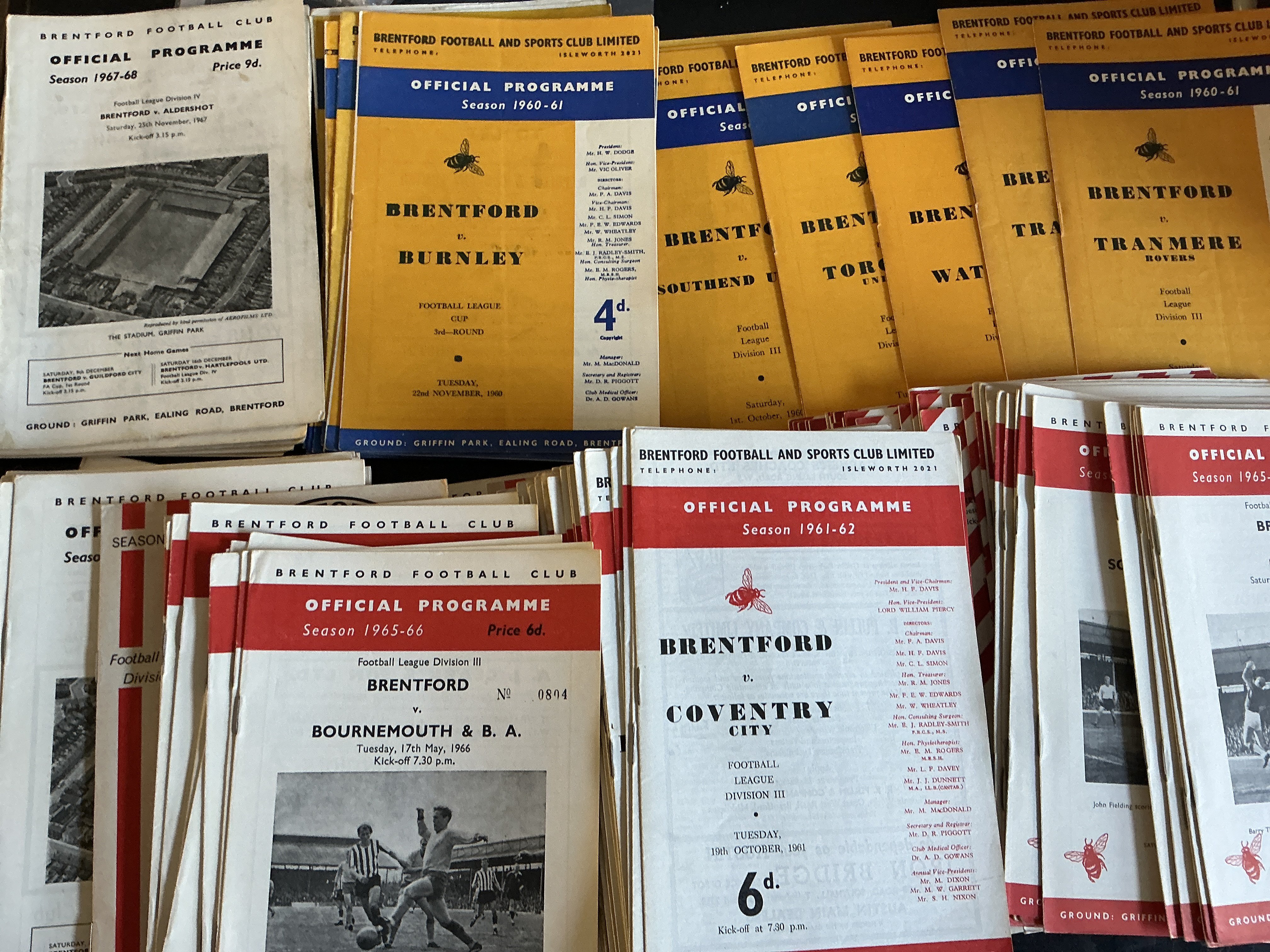 Brentford 1960s Football Programmes: Around 150 spanning the whole 60s decade. Includes 2 x 60/61 Burnley League Cup. Additionally there are some early 70s. Very good with duplication. (est 200)