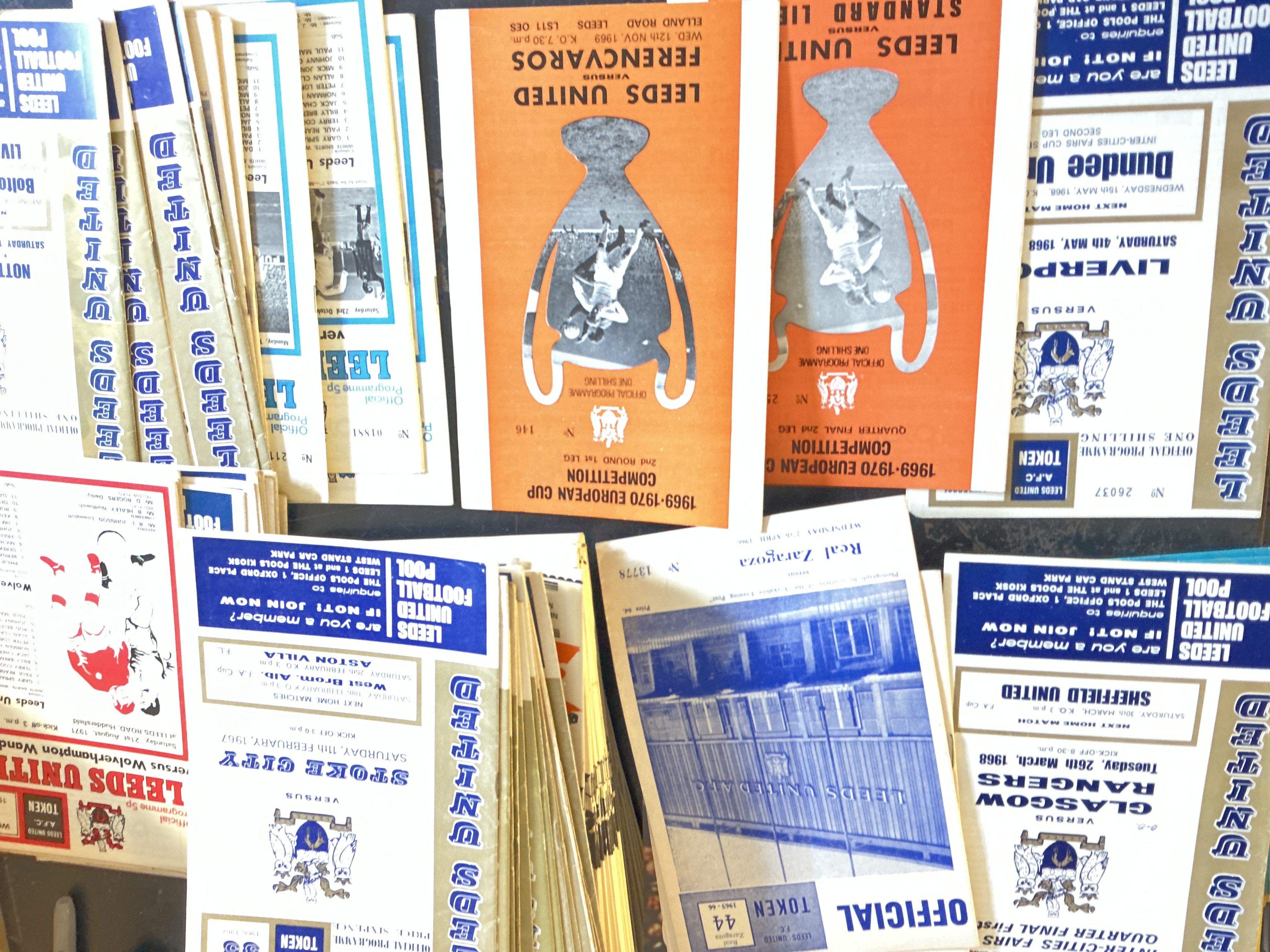 Leeds United 1960s Football Programmes: Around 250 mid to late 60s. Includes many different European matches. Additionally there are some early 70s. Very good with duplication. Tokens intact. (est 280)