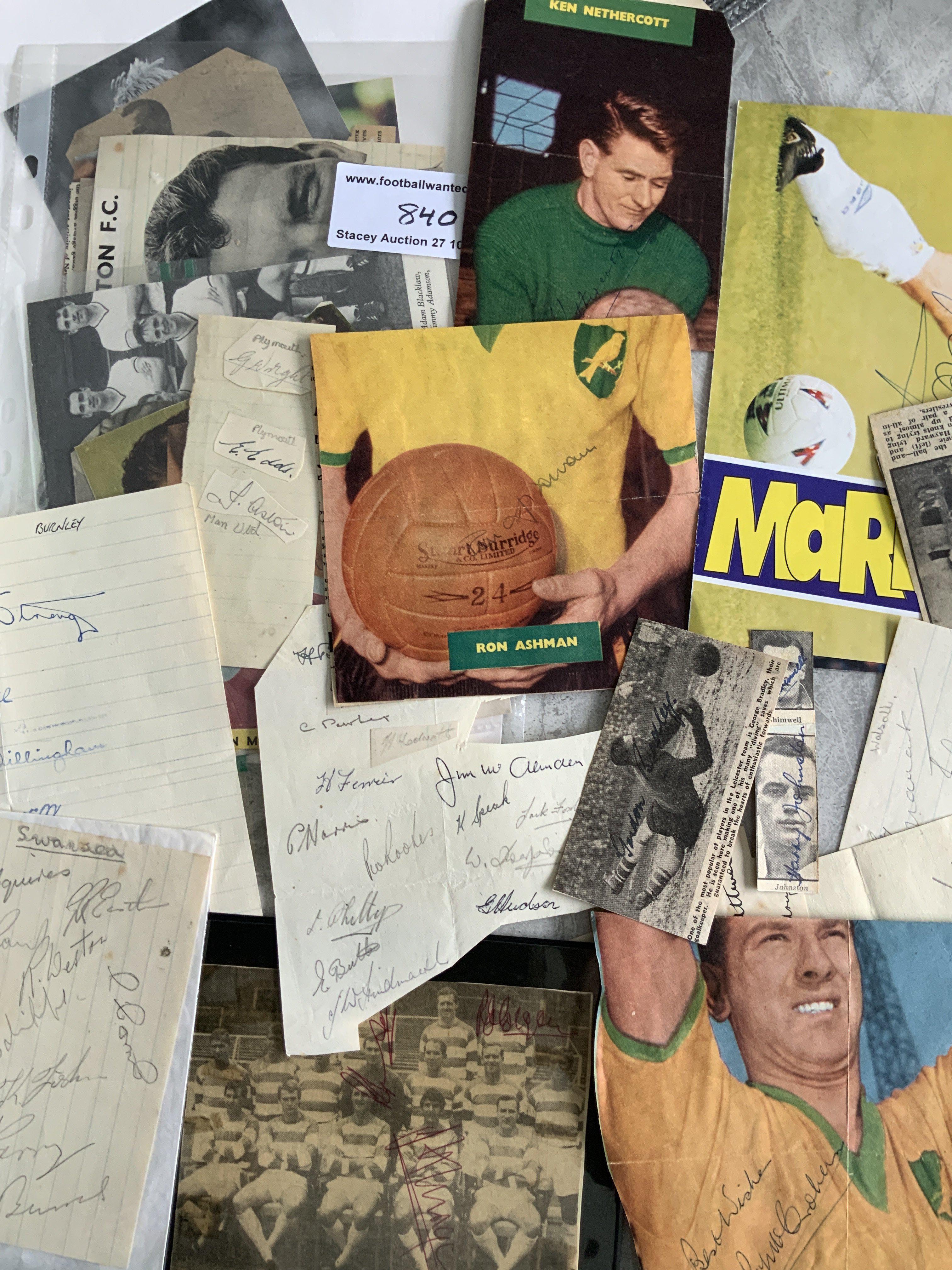 Football Autograph Collection: From the 40s onwards to include 8 Swansea on a page and some cut out small magazine or newspaper cuttings. All hand signed except Burnley which is printed.