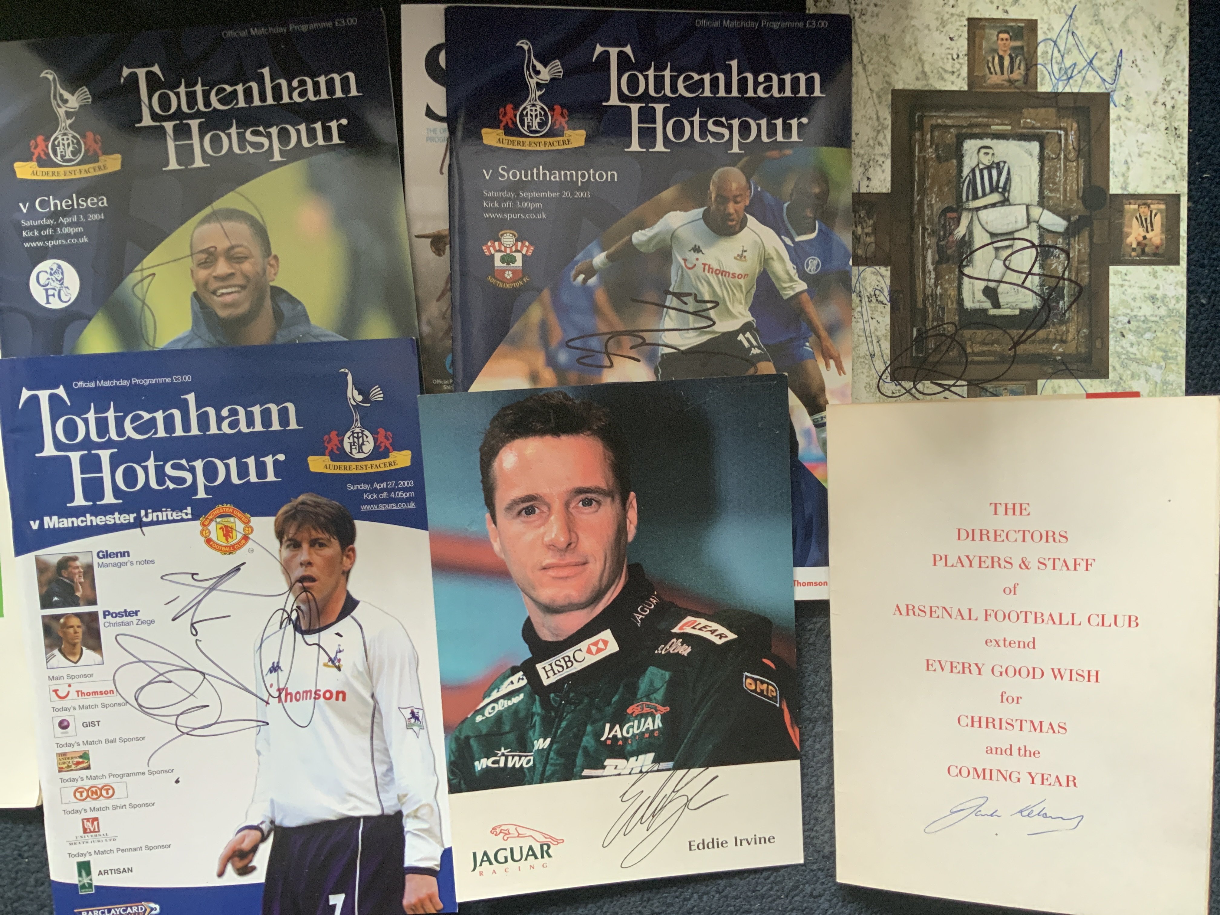 Signed Football Items: Includes programmes, cuttings, Jack Kelsey Chrismas card, 1972 FA Cup final signed by Billy Wright and much more. Spotted a book signed by Ricky Tomlinson.