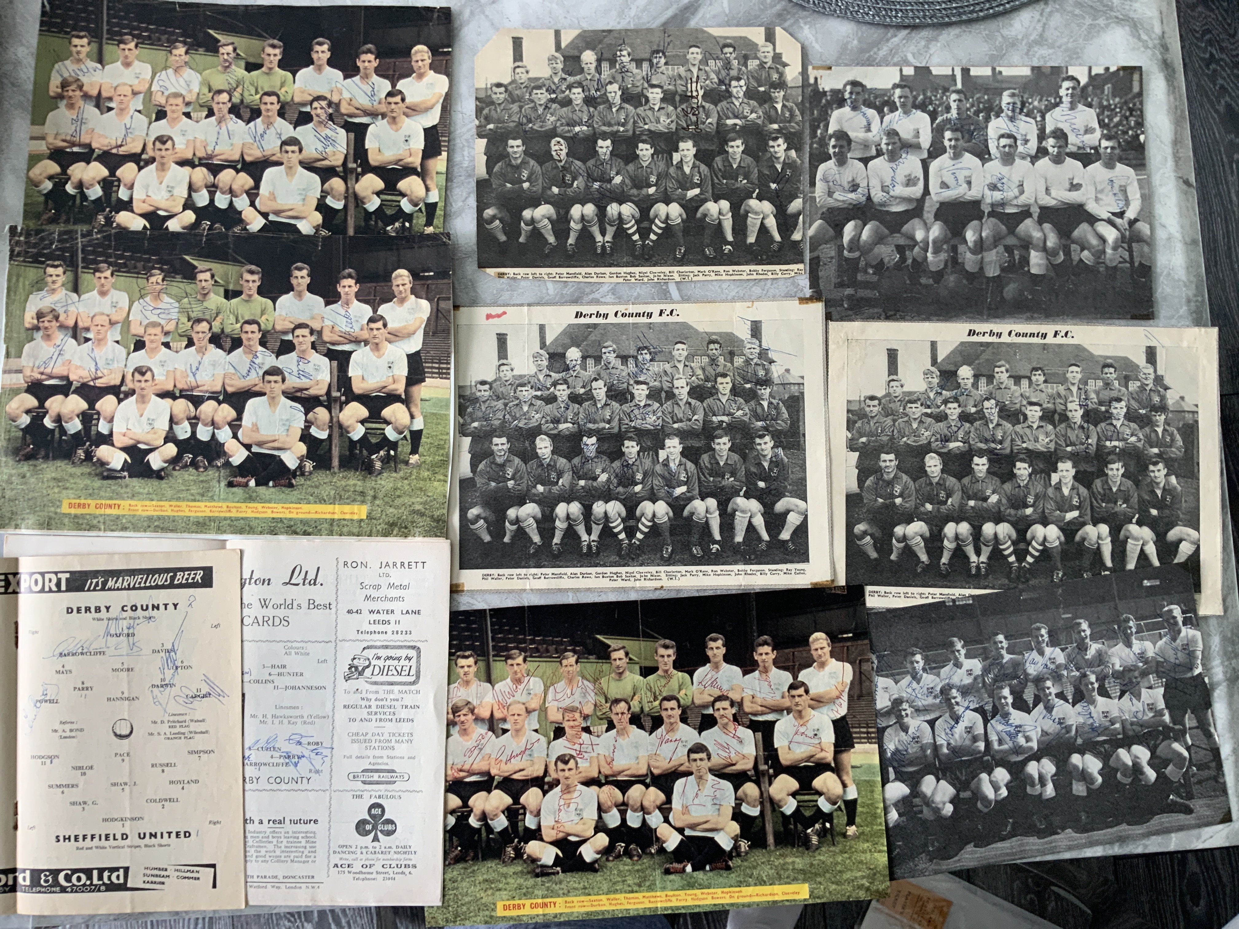 Derby County Football Autographs: 8 large magazine team groups from the 60s all nearly fully signed. C/W two programmes with a few autographs.