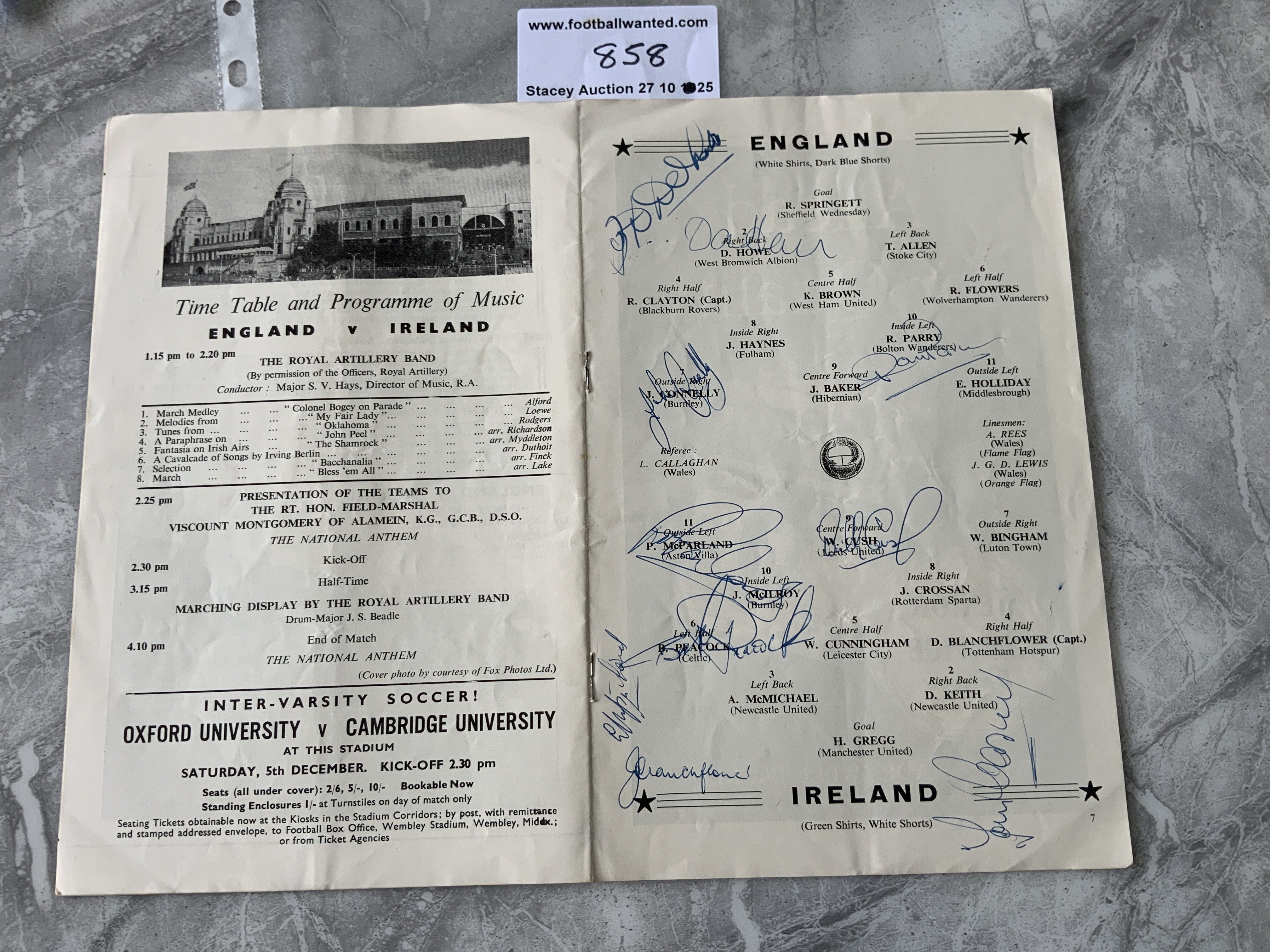 1959 England v Ireland Football Programme: Signed to team page by Connelly Howe and Parry of England plus McParland McIlroy Peacock J Blanchflower Cush and Conway.