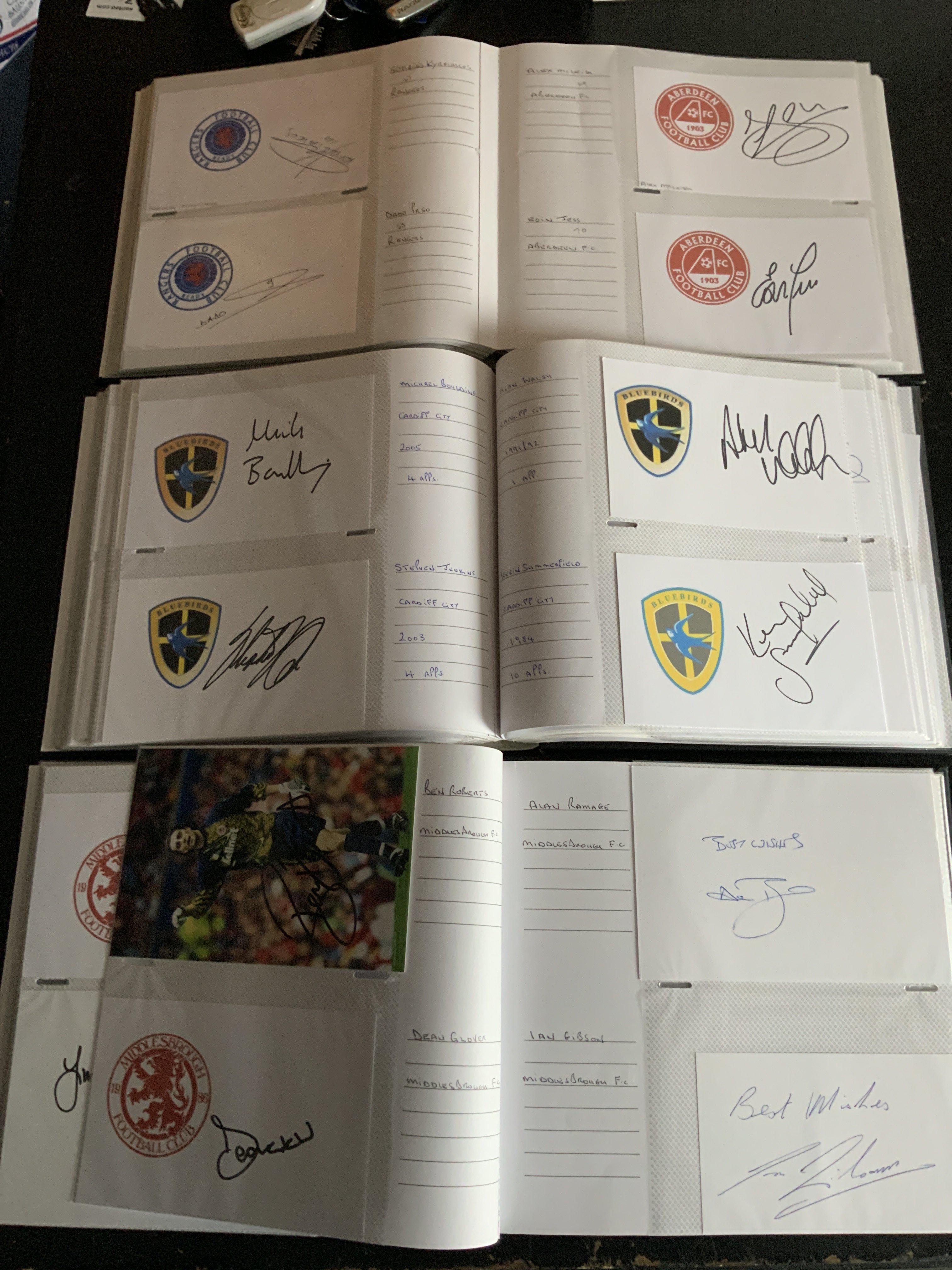 Football Player Signed White Card Collection: 3 albums housing over 500 signatures of footballers with each one identified. Mainly modern to include the odd postcard size photo all undedicated. (500+)