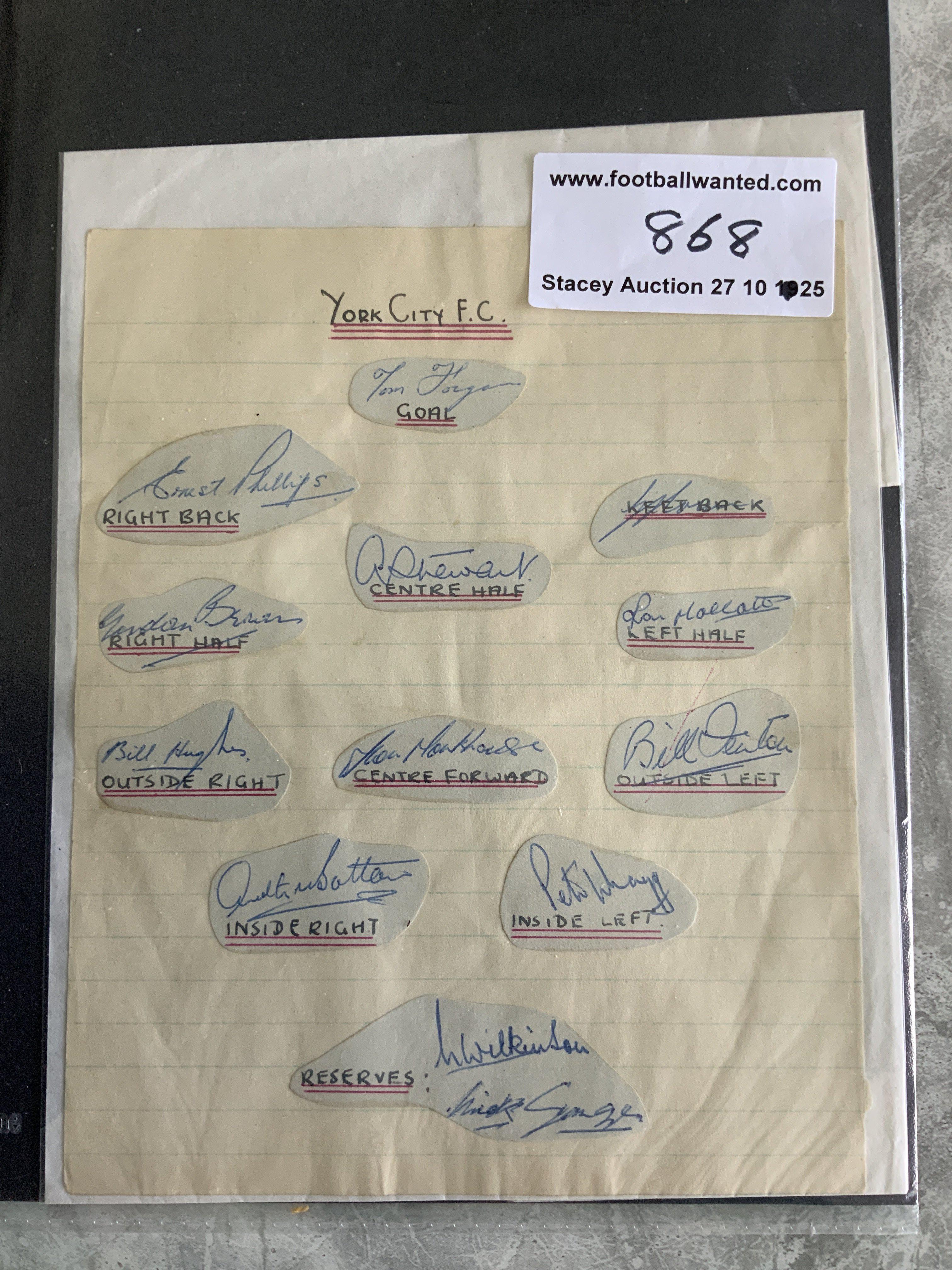 York City 1950s Football Autographs: Exercise page with autographs stuck down with positions noted. Includes some of the 1955 FA Cup semi finalists. C/W some replica postcard size photos.