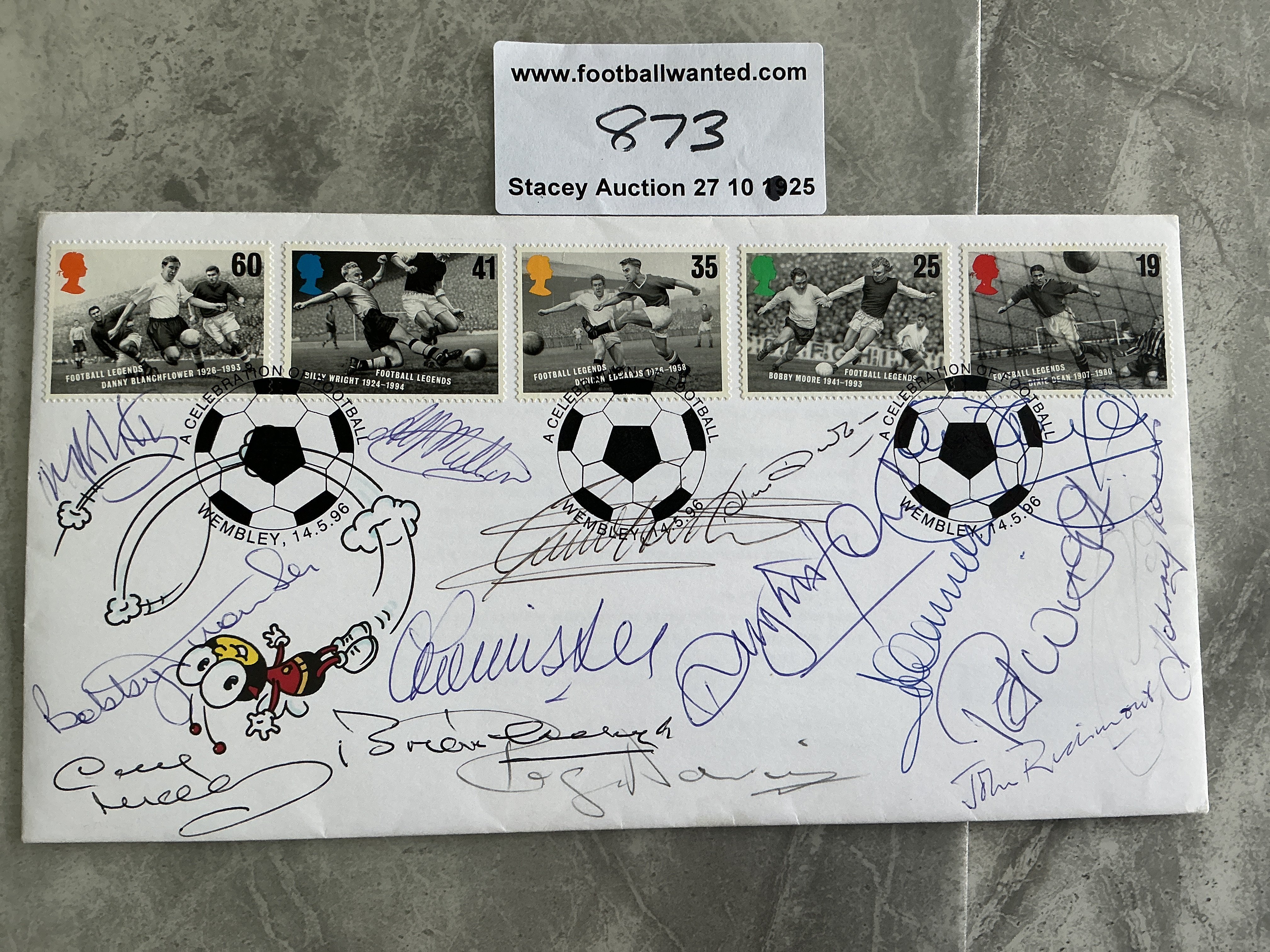Derby County Legends Signed First Day Cover: Firstly, a letter on Derby headed paper thanking the charity organiser for attending a Derby Golf day of former players and explaining they were happy to help get this item signed. The FDC is signed by 28 to front and back with every autograph identified on a seperate sheet. For full list see online picture. Includes Brian Clough Roy McFarland Archie Gemmill Francis Lee Kevin Hector Dave Mackey and Alan Durban.