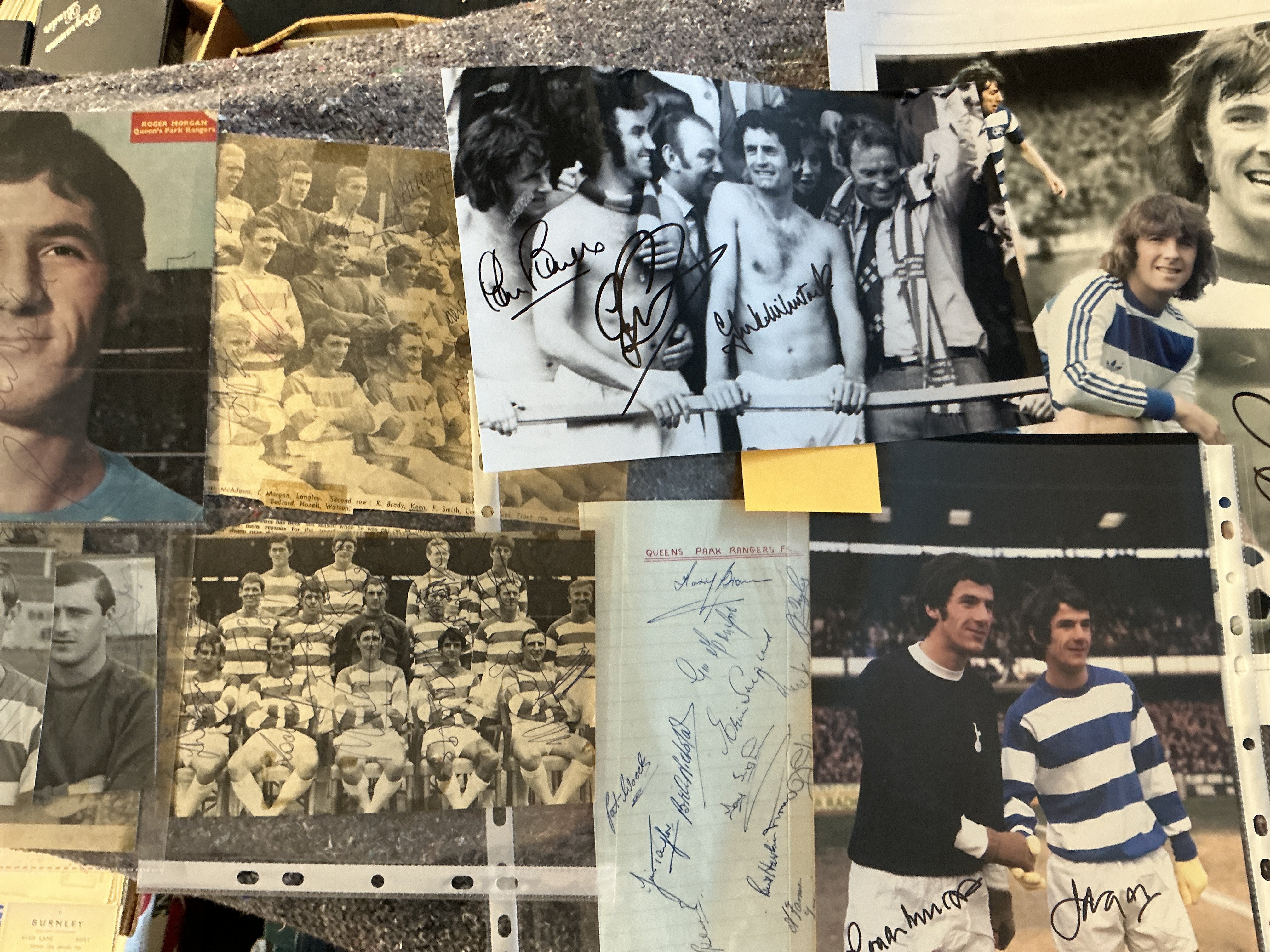 QPR Signed Football Photos: Large photos to include 7 signed by Stan Bowles plus Harris Francis McLintock and more. C/W 52/53 multi signed magazine team group.