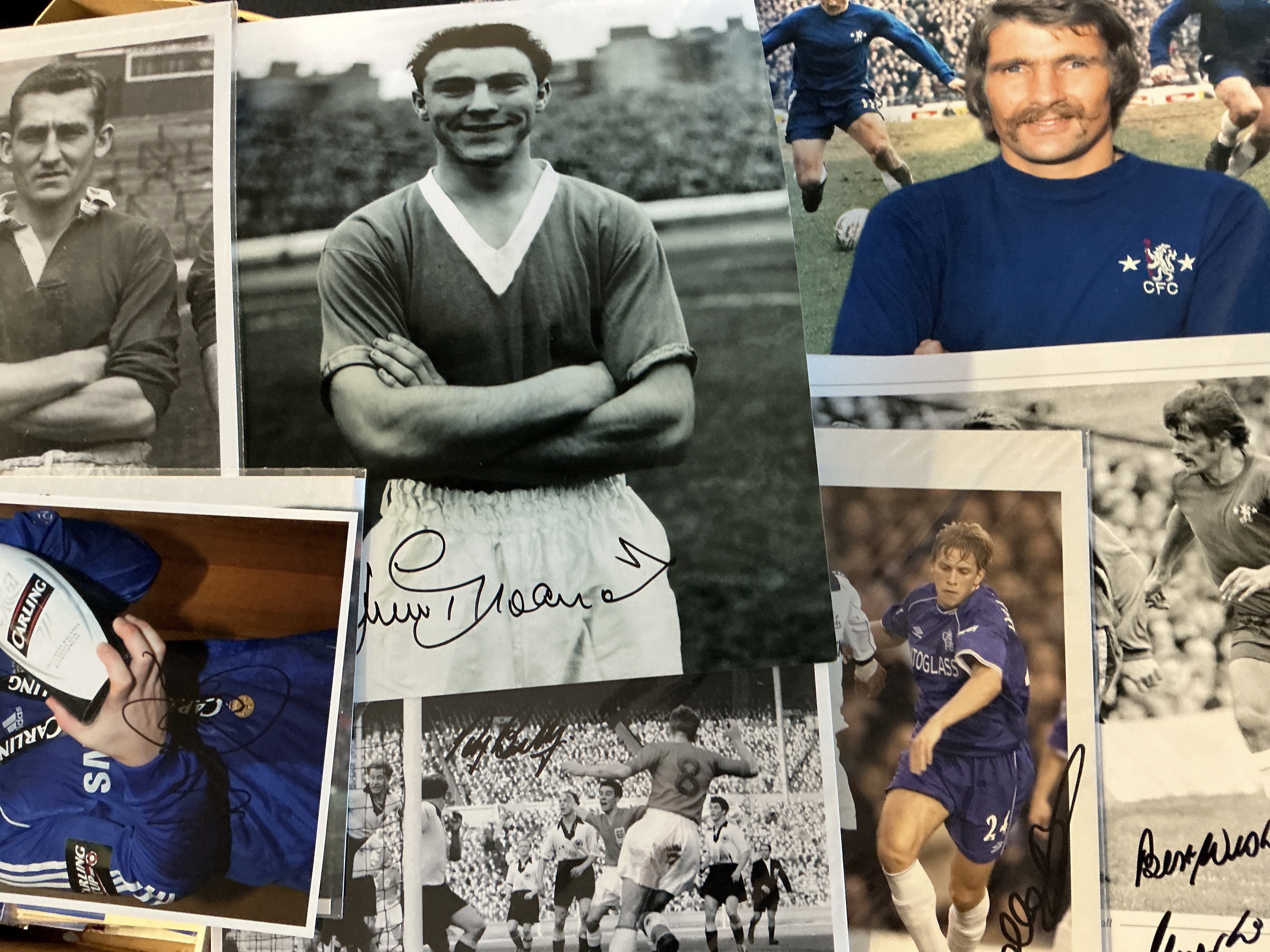 Signed Football Photos + Prints: Worth a look to include 15 Reading players from 2006/07, 8 Chelsea with Bentley Cooke Bridge Greaves, 20 Manchester City with Lee Summerbee Marsh Richards Law, Aston Villa with McPartland, Crowther Ross Barry Harewood, 6 Fulham with McBride Diop + 1975 FA Cup semi final programme and ticket, Wigan 02/03 signed squad, 45 Bolton with Lofthouse Speed Davies Pedersen Gardner Walker Reid Nolan plus 8 Leeds with McQueen Milner Beckford and Matteo. (130+)