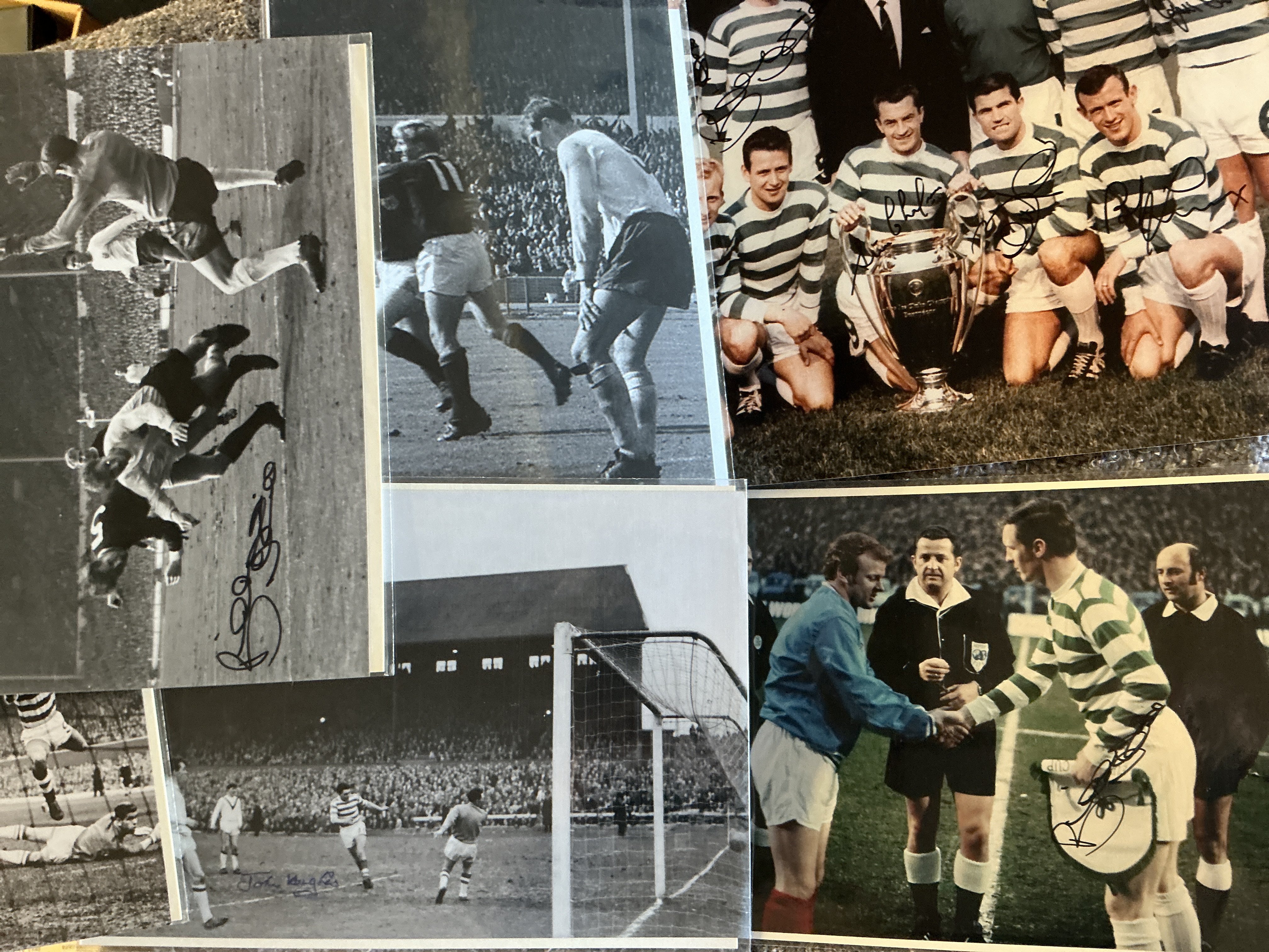 Celtic Signed Football Photos: Large photos to include 7 Lisbon Lions on one print plus individuals of McBride Hughes McNeil and Conn. (14)
