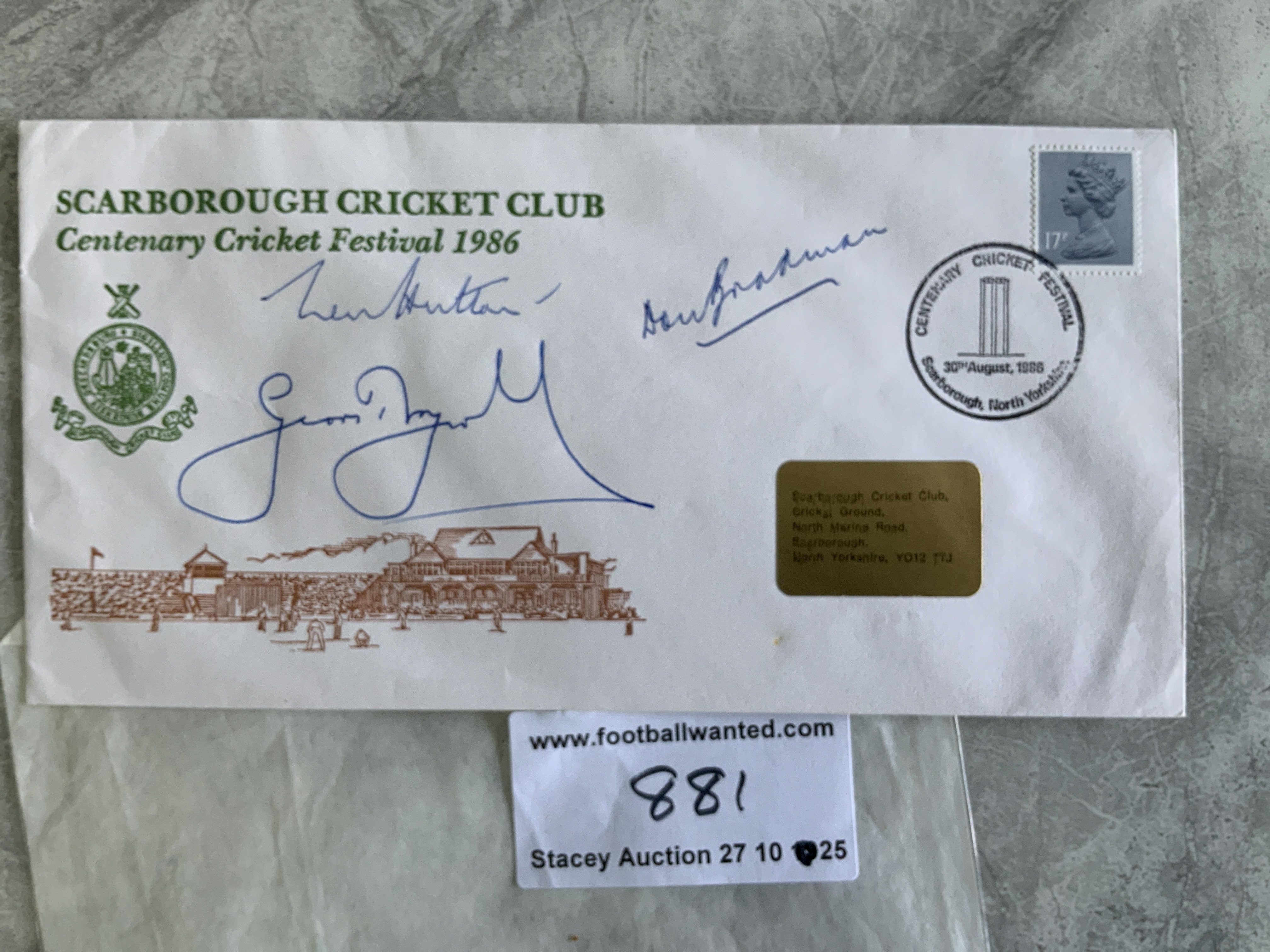 Bradman Hutton Boycott Signed Cricket 1st Day Cover: 1986 Scarborough cricket festival FDC hand signed without dedication by Len Hutton Geoff Boycott and Don Bradman.