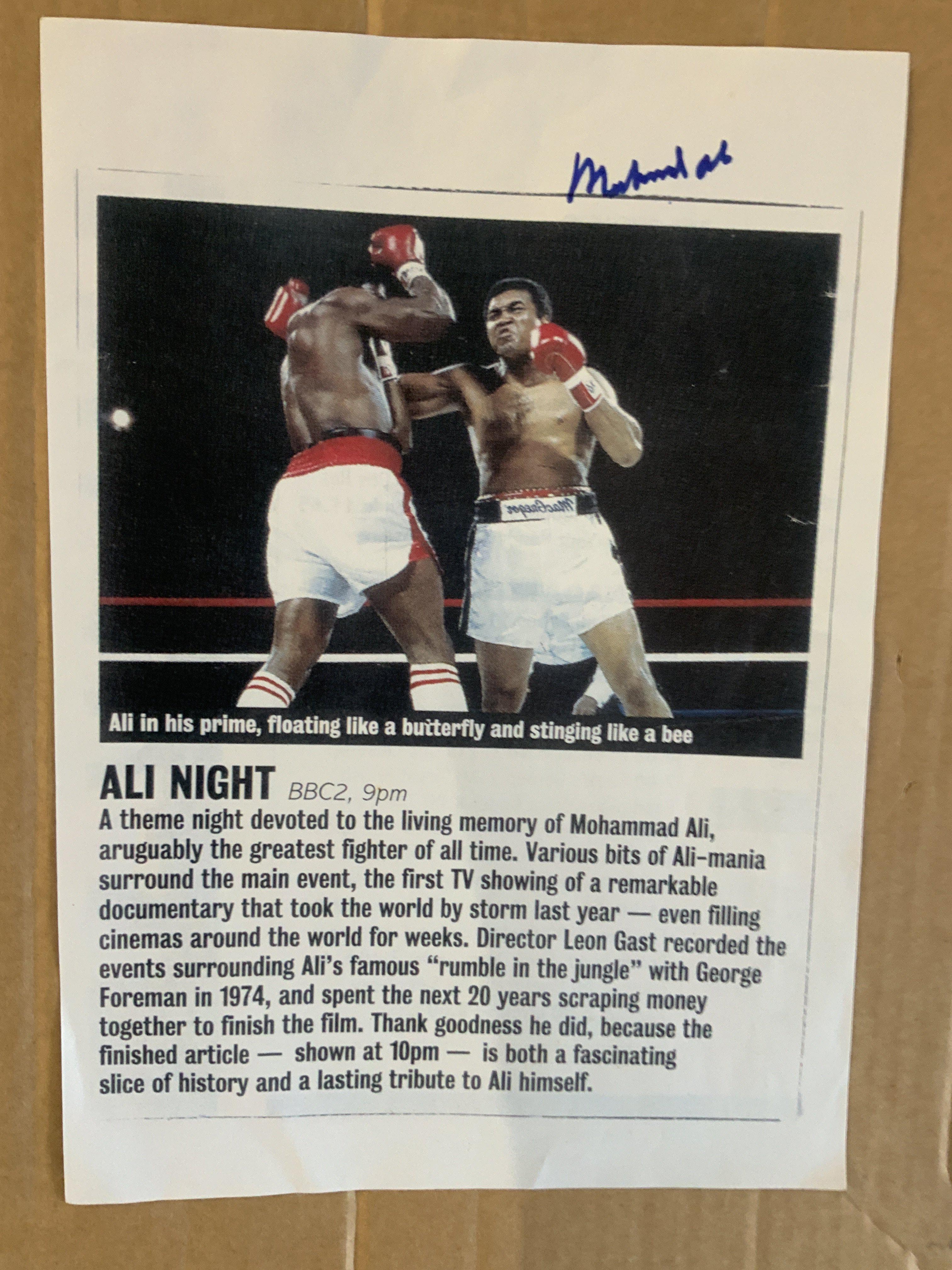 Muhammad Ali Boxing Autograph + Stamps: A4 page advertising the late 90s show named Ali Night signed to top border. COA from American company Art Of The Game and signed by reputable Harlan Werner. C/W some stamps from the International Collectors Society.