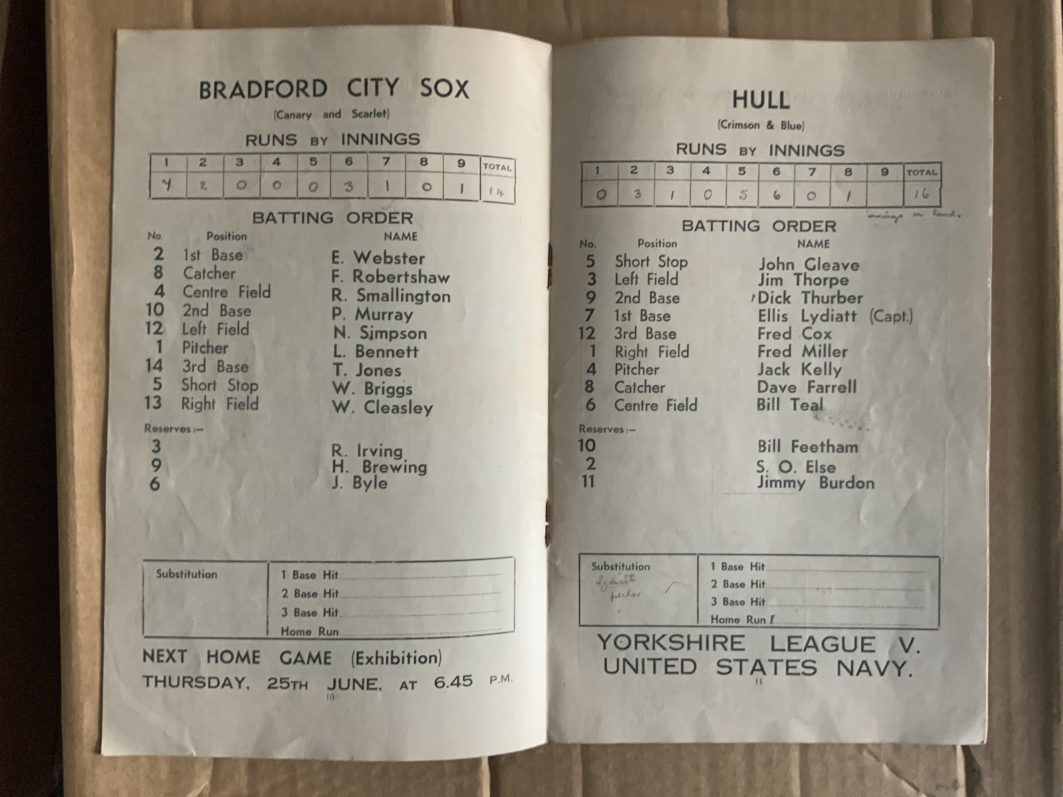 1936 Baseball Hull v Bradford City Sox: Very good condition programme for the league match at Craven Park.
