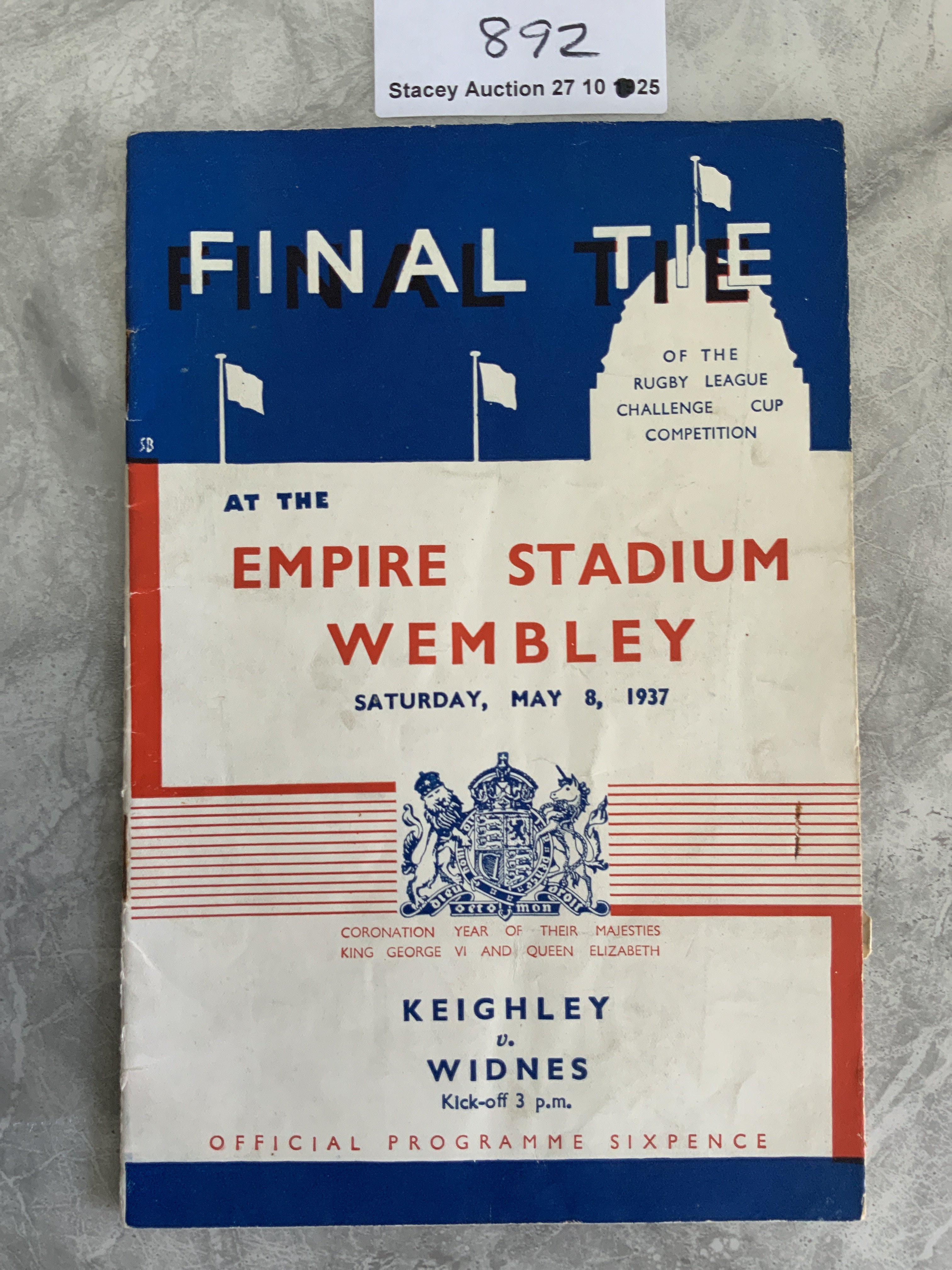 1937 Rugby League Cup Final Football Programme: Keighley v Widnes played at Wembley in good condition with no team changes. Similar style to FA Cup final programme of same season. Rusty staples holding firm.