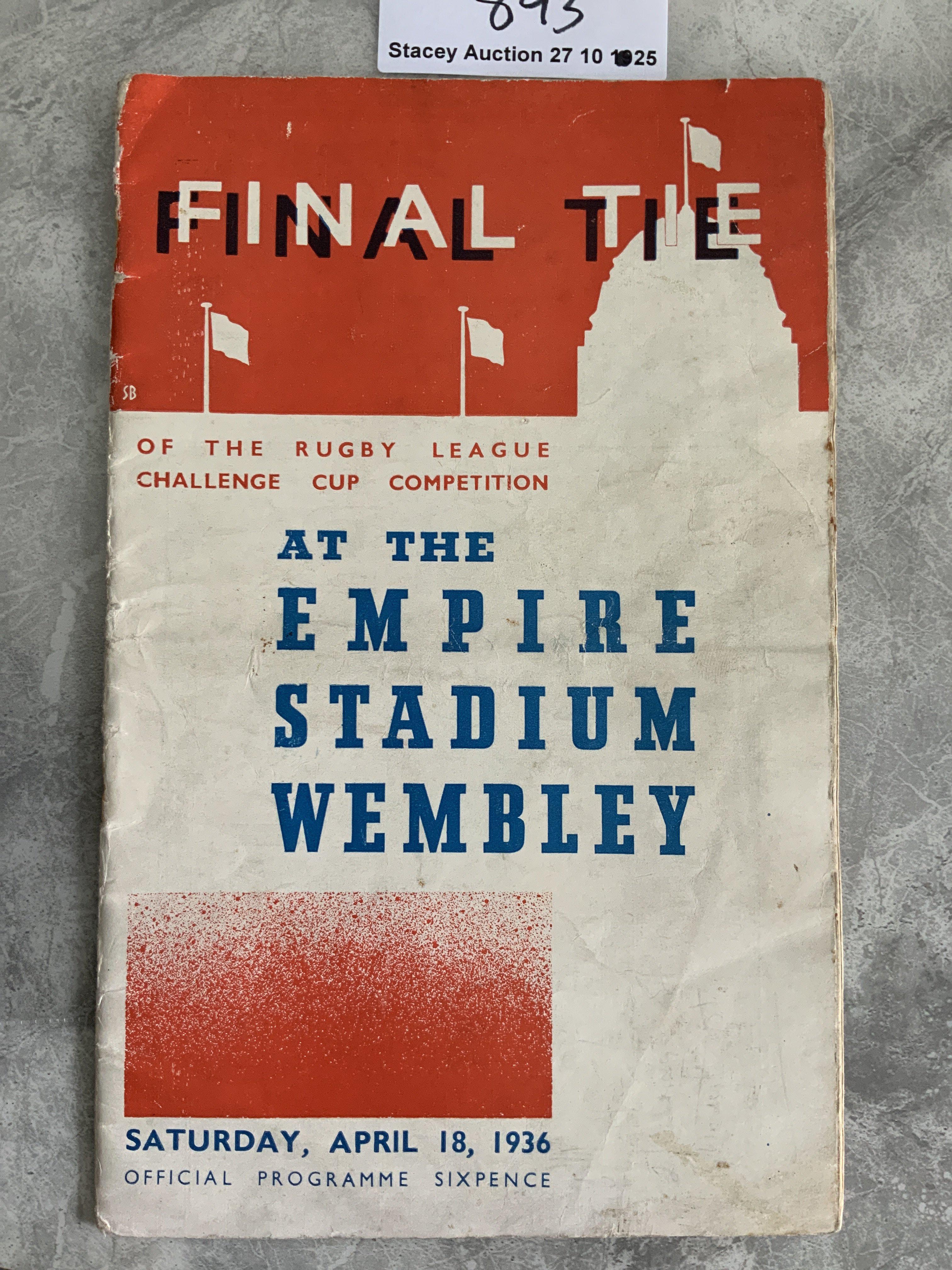 1936 Rugby League Cup Final Football Programme: Leeds v Warrington played at Wembley in fair/good condition with no team changes. Similar style to FA Cup final programme of same season. Rusty staples are failing to hold centre page.