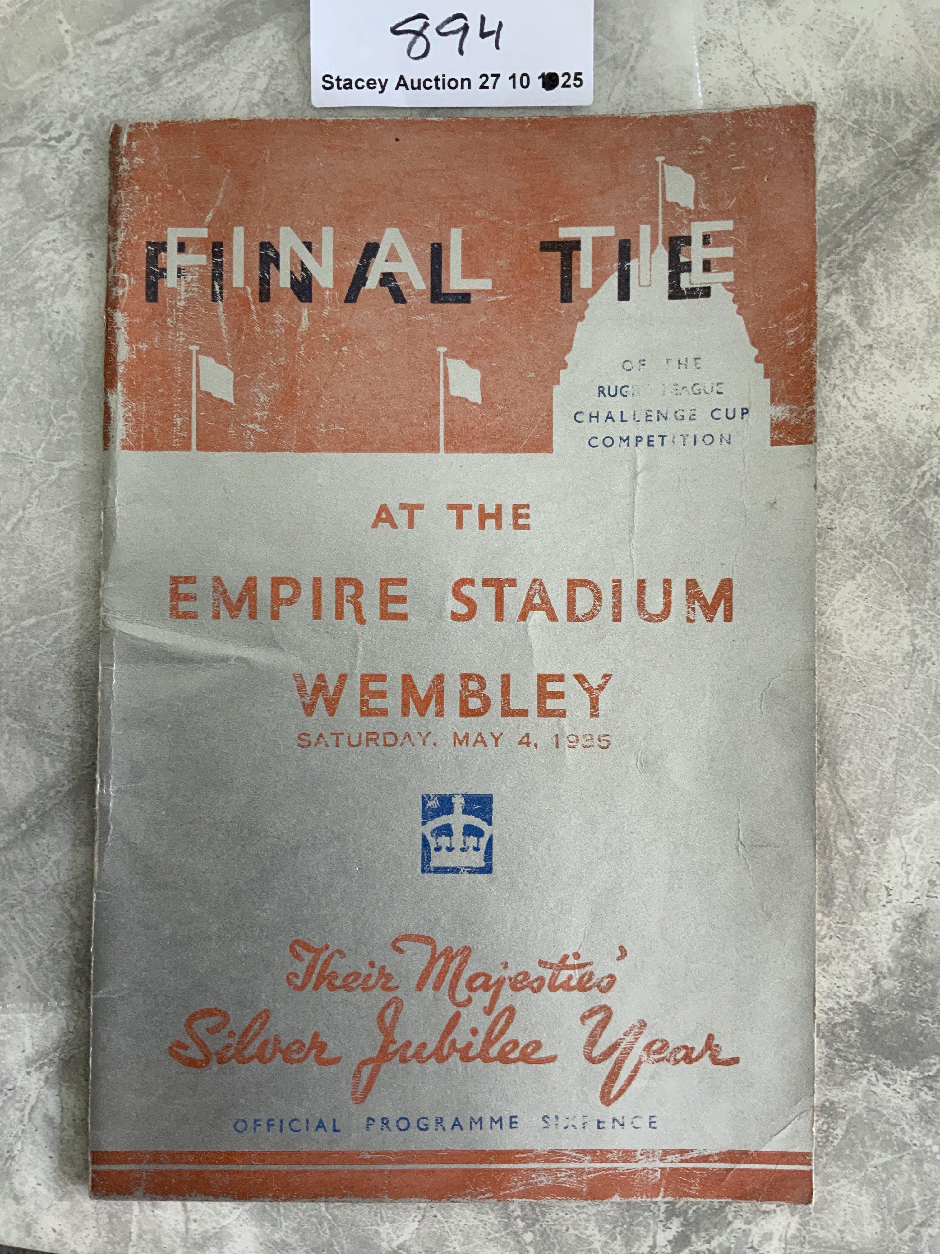 1935 Rugby League Cup Final Football Programme: Huddersfield v Castleford played at Wembley in very good condition with no team changes. Similar style to FA Cup final programme of same season. Ex rusty staples have left a hole where they used to be. Rare to find without fold on this special edition card cover that was used for jubilee year.