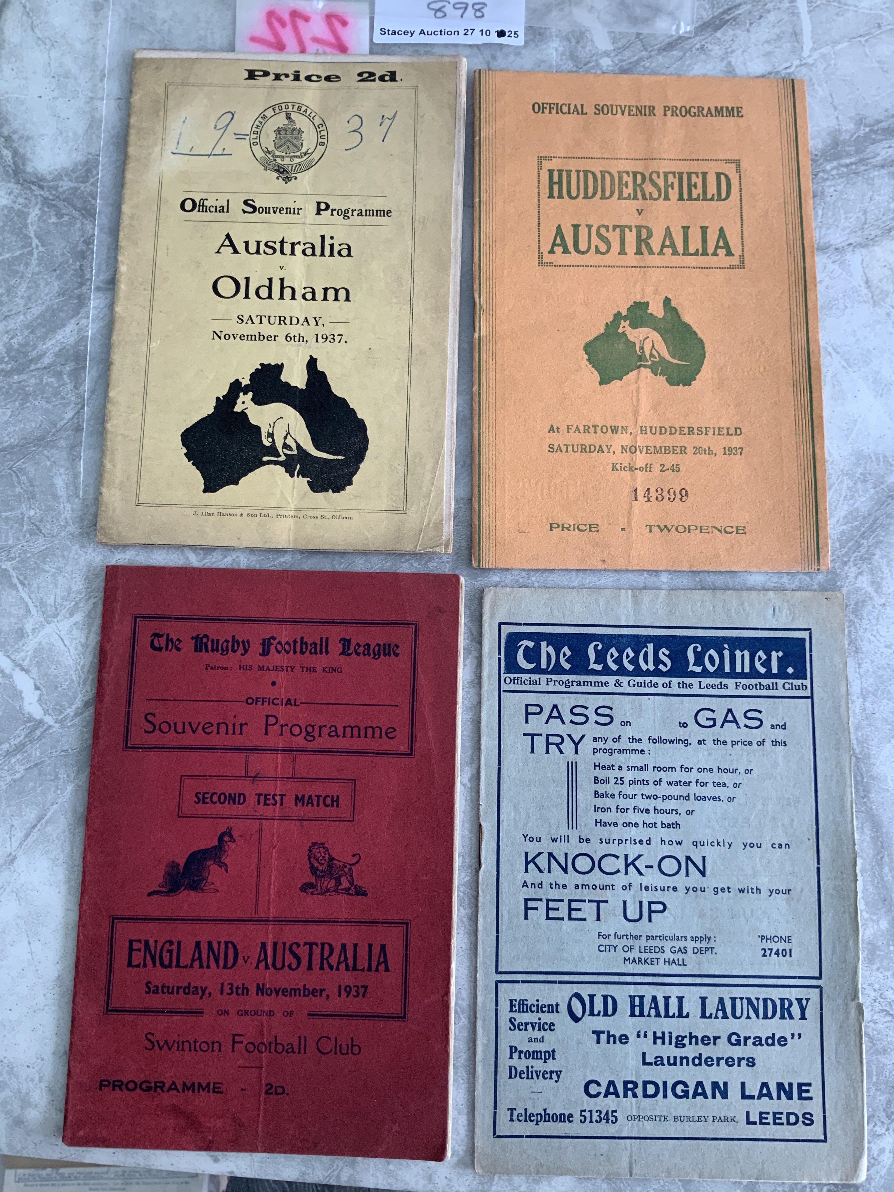 1937 Australia Rugby England Tour Programmes: Matches at Leeds Huddersfield Oldham ( year written to cover ) and an International match v England at Swinton. Overall good. (4)