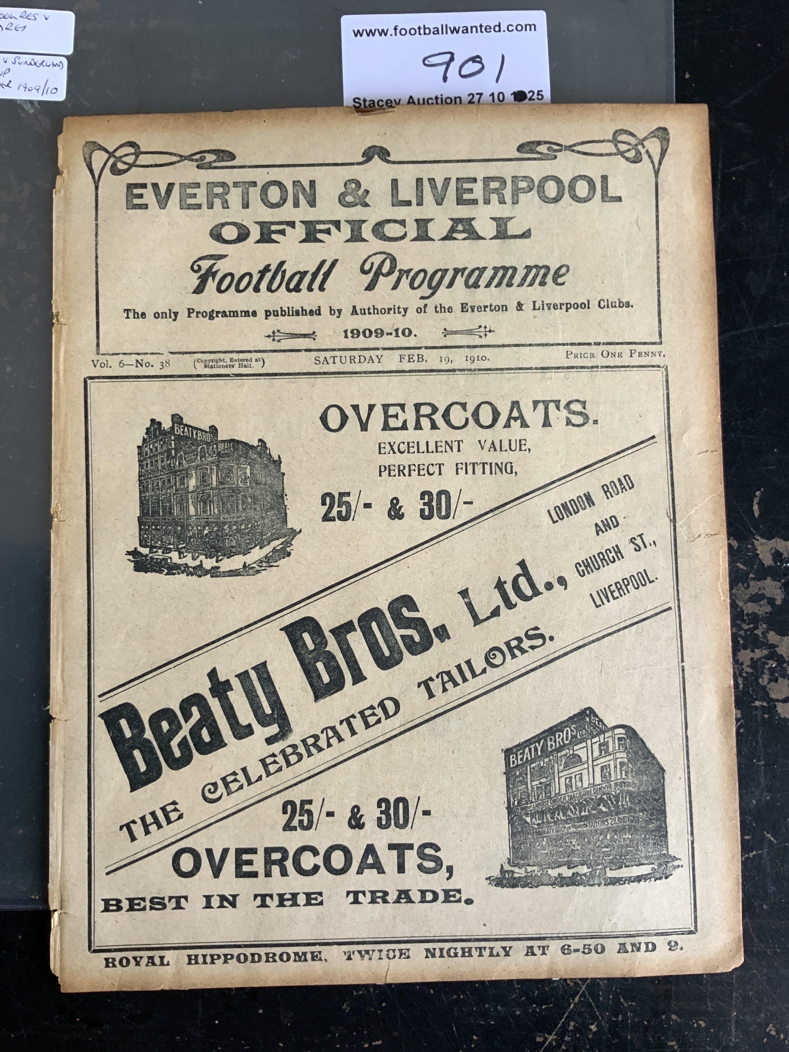 1909 - 1910 Liverpool v Manchester United Reserves Football Programme: Doubles up as Everton v Sunderland FA Cup. Rare item which is ex bound with covers. Like all these they are slightly brittle and there is a tiny piece missing from border.