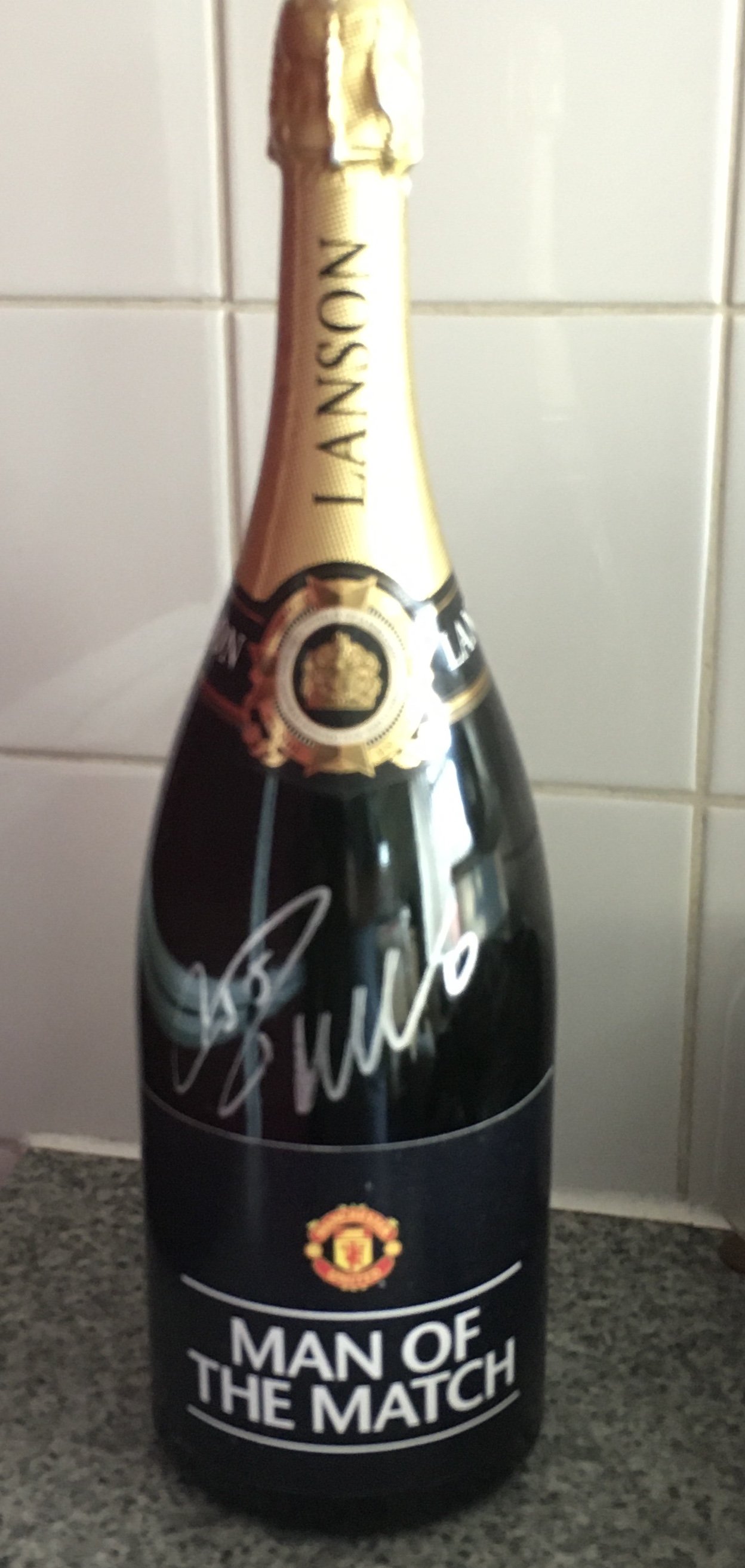 Manchester United Man Of The Match Football Champagne: Unopened Magnum of Lanson champagne with Manchester United crest awarded to the man of the match. Autograph of unknown recipient.