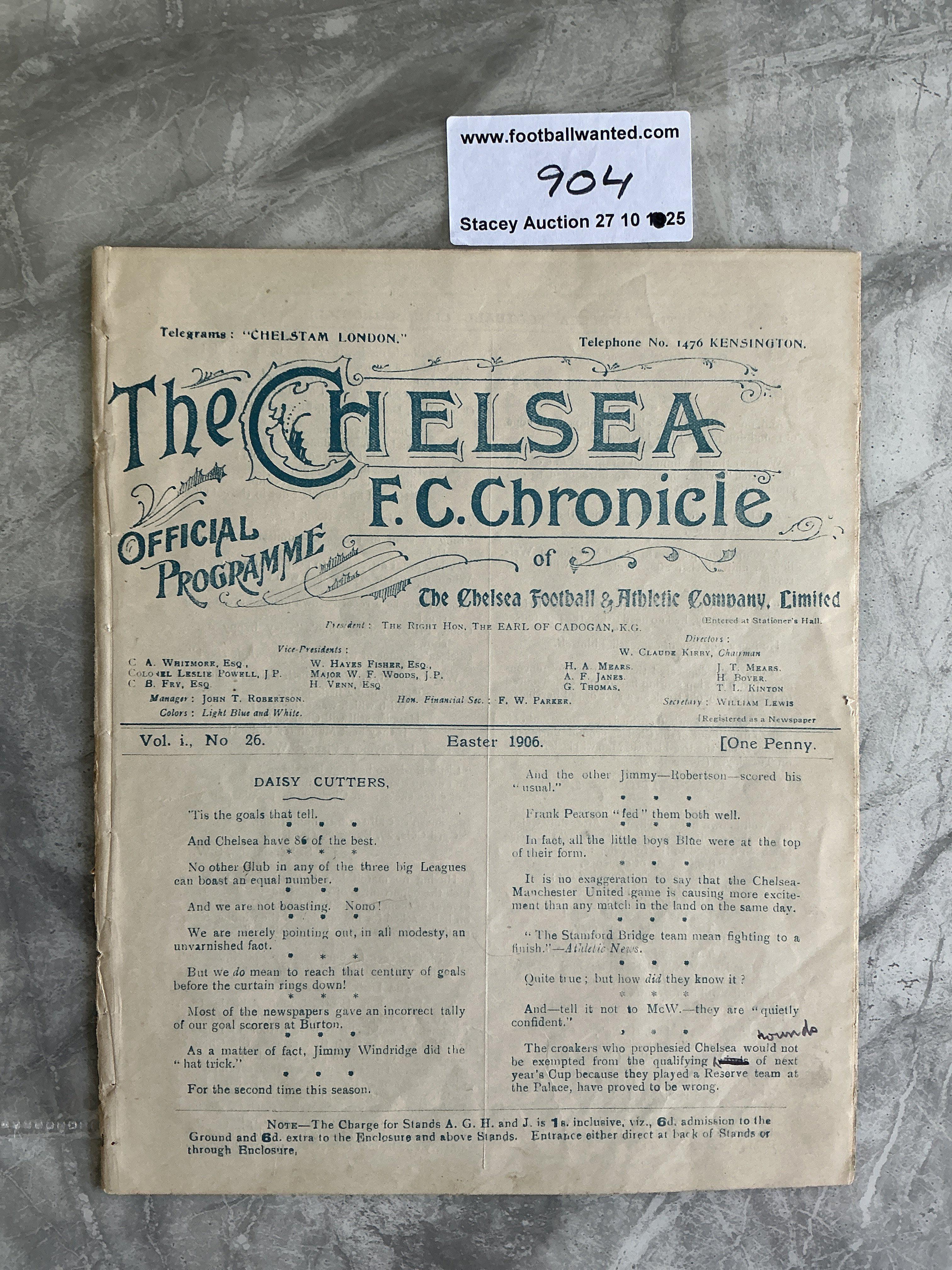 1905 - 1906 Chelsea v Manchester United Football Programme: Played at Chelsea in their first season. 8 page ex bound programme includes Chelseas other matches over Easter. Good condition programme with evidence of ex bound at spine area and no staple. No writing. Chelsea were only formed in 1905. Rare item indeed.