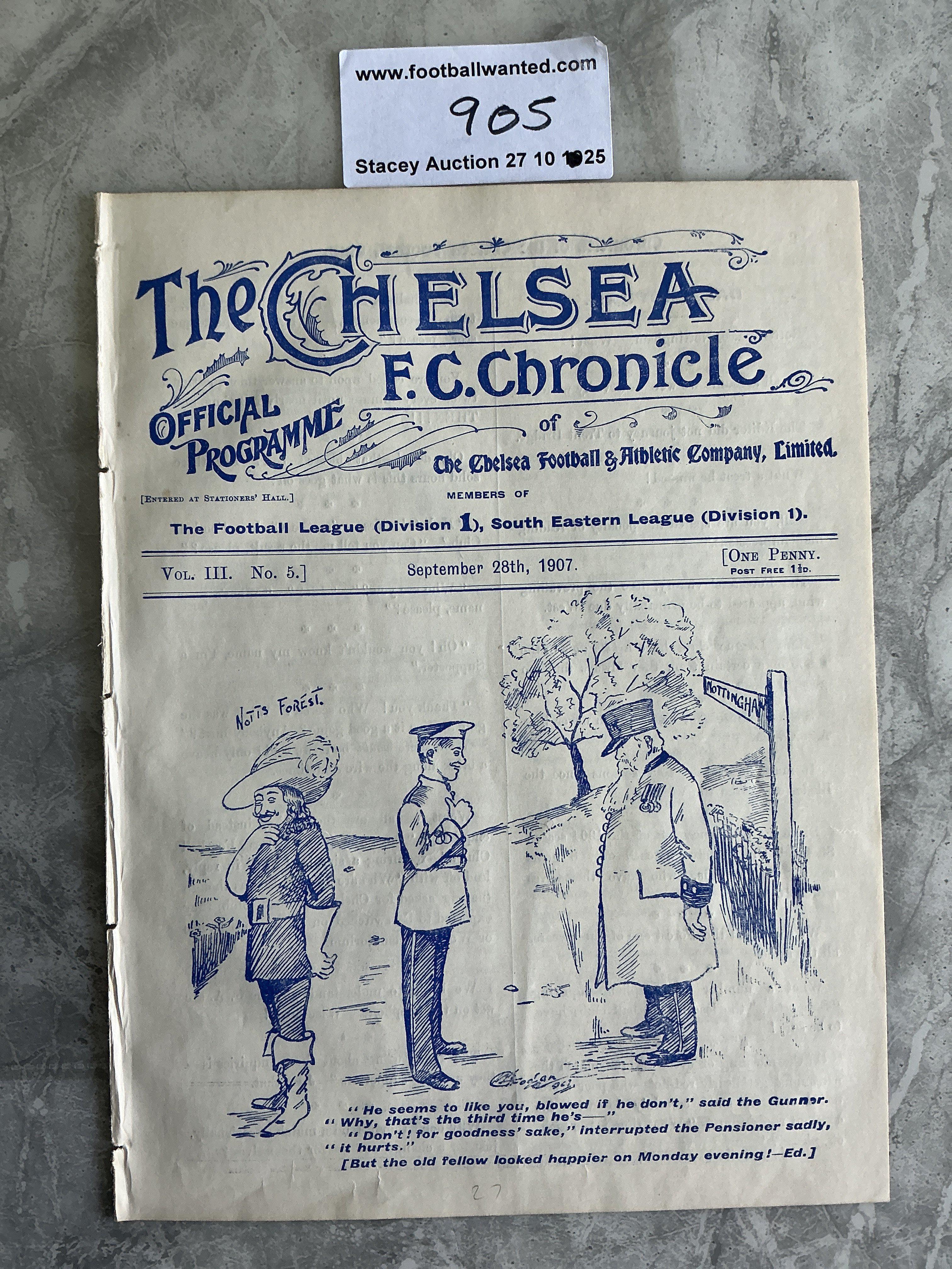 1907 - 1908 Chelsea v Manchester United Football Programme: Excellent condition ex bound 8 pager with no team changes. Man Utd won their first ever 1st division title this season. Rare item.