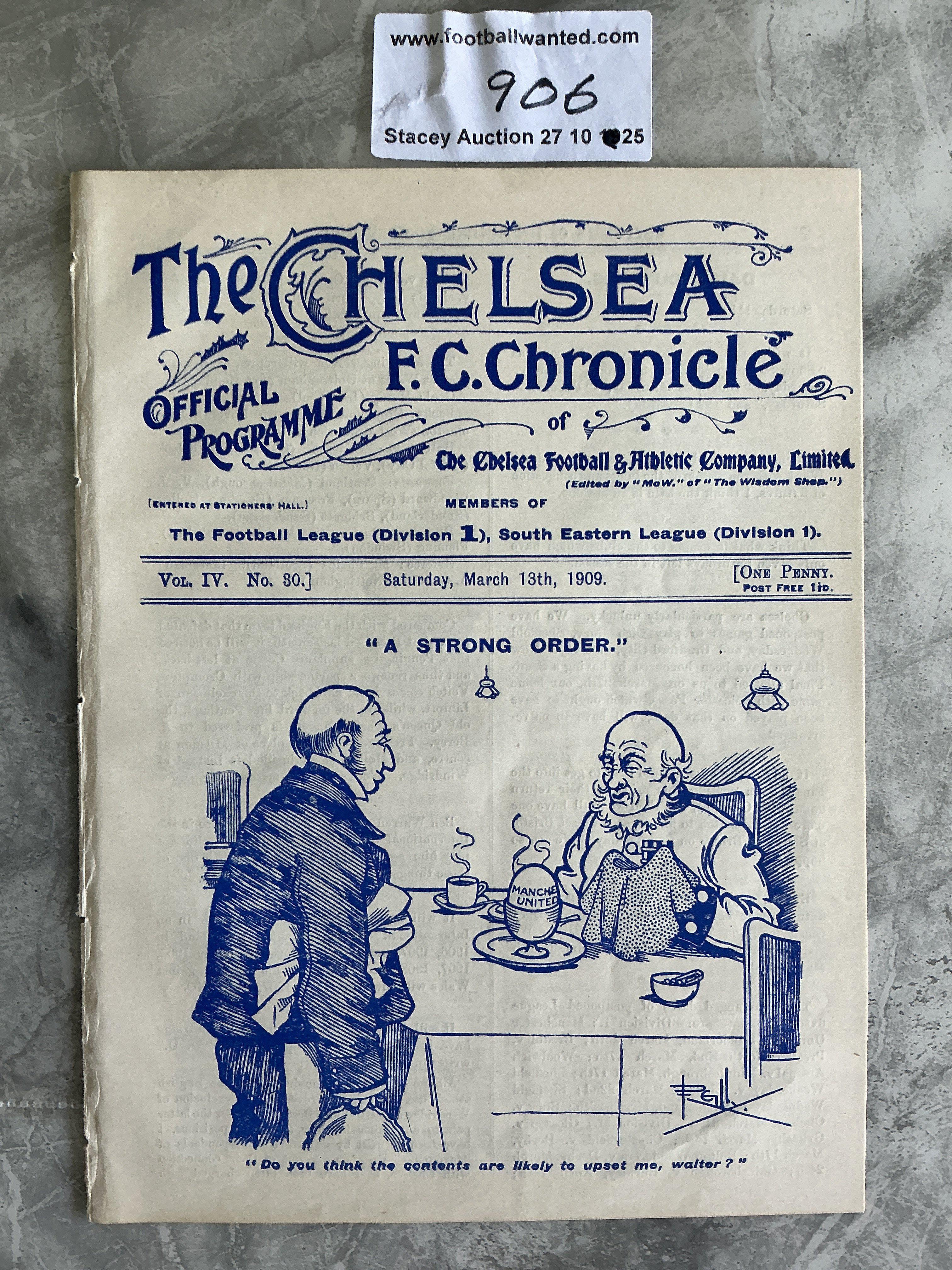 1908 - 1909 Chelsea v Manchester United Football Programme: Excellent condition 1st Division ex bound 8 pager with no team changes.