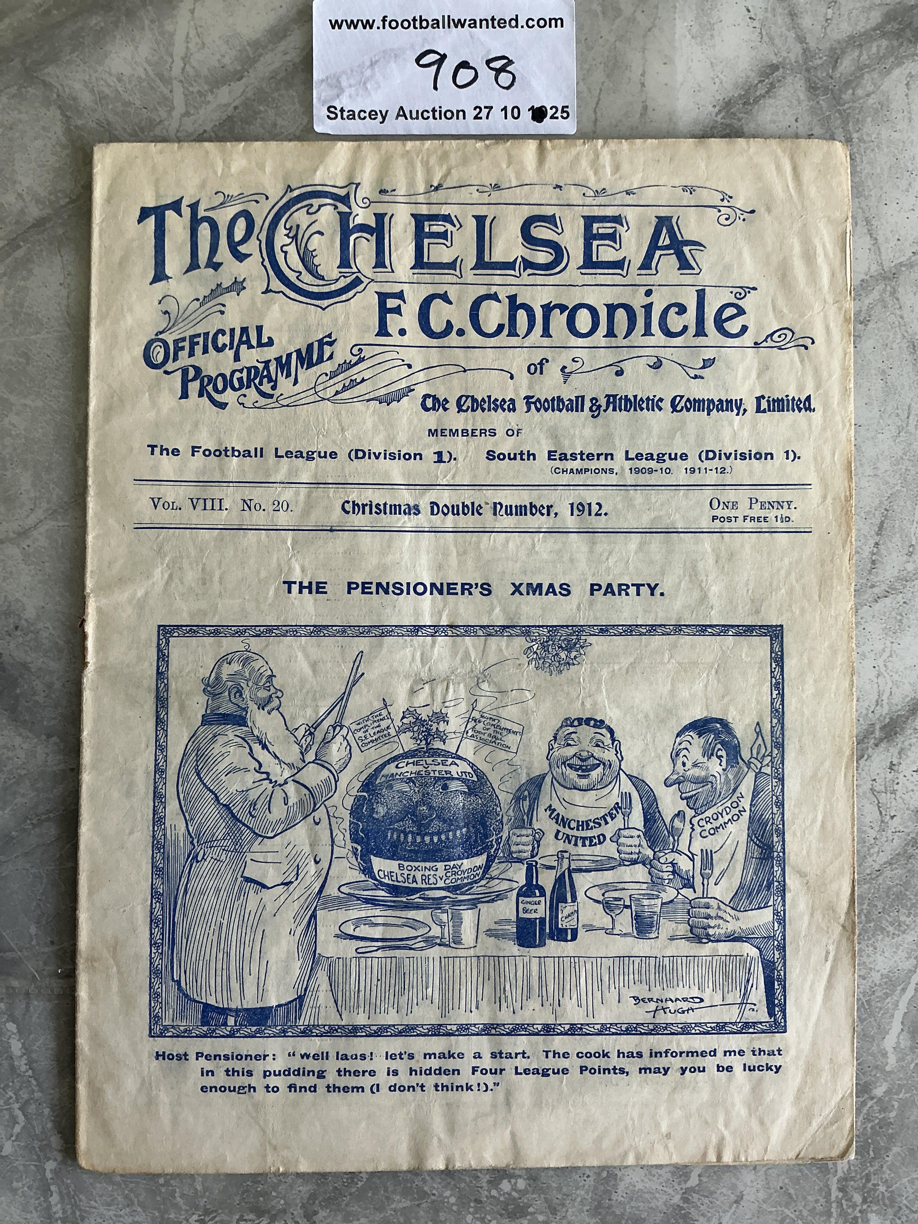1912 1913 Chelsea v Manchester United Football Programme: Very good condition 16 page 1st Division programme with no team changes. Score written to team page.