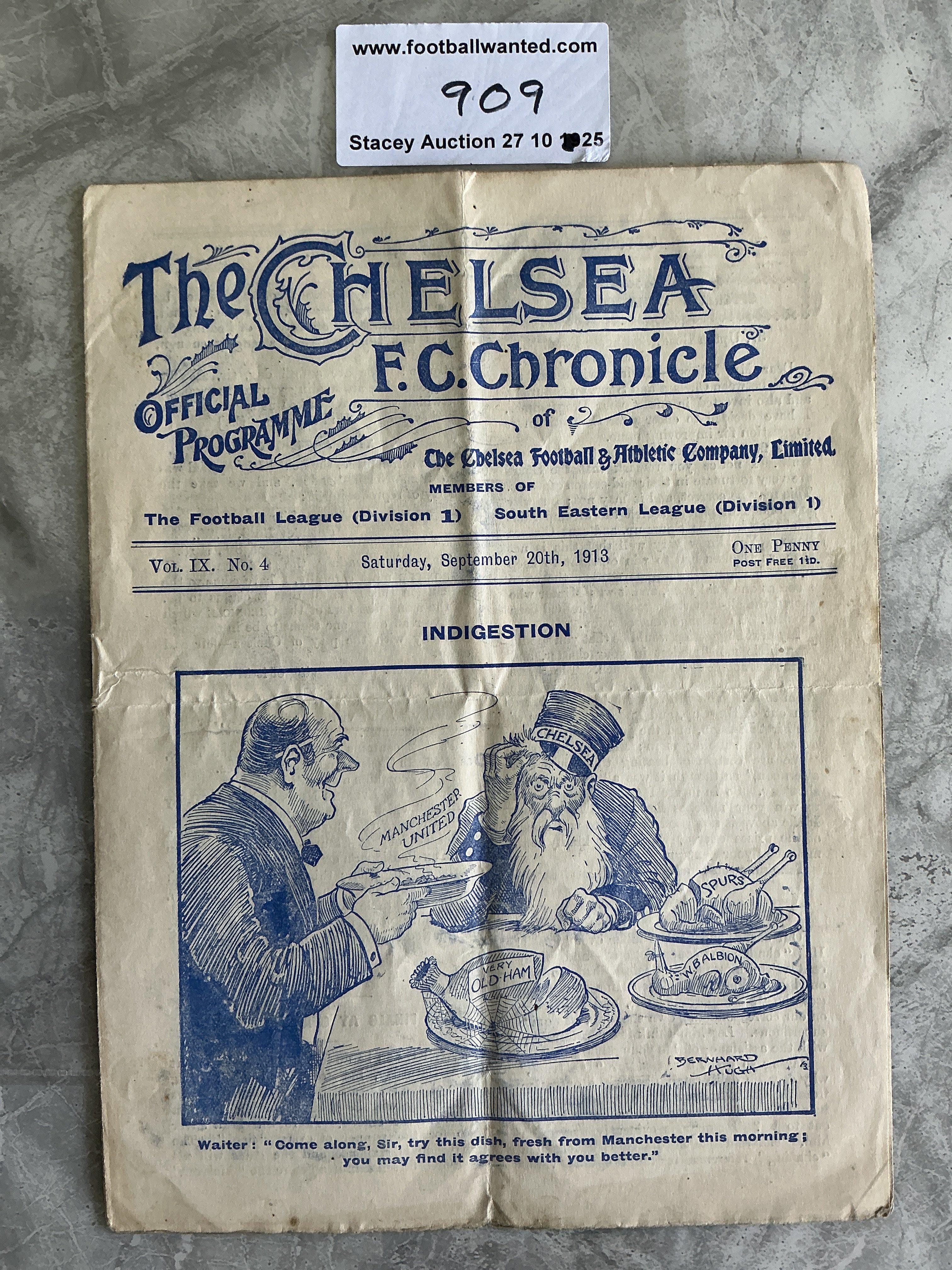 1913 - 1914 Chelsea v Manchester United Football Programme: Good condition 8 page 1st Division programme with no team changes. Wear on folding to back page.