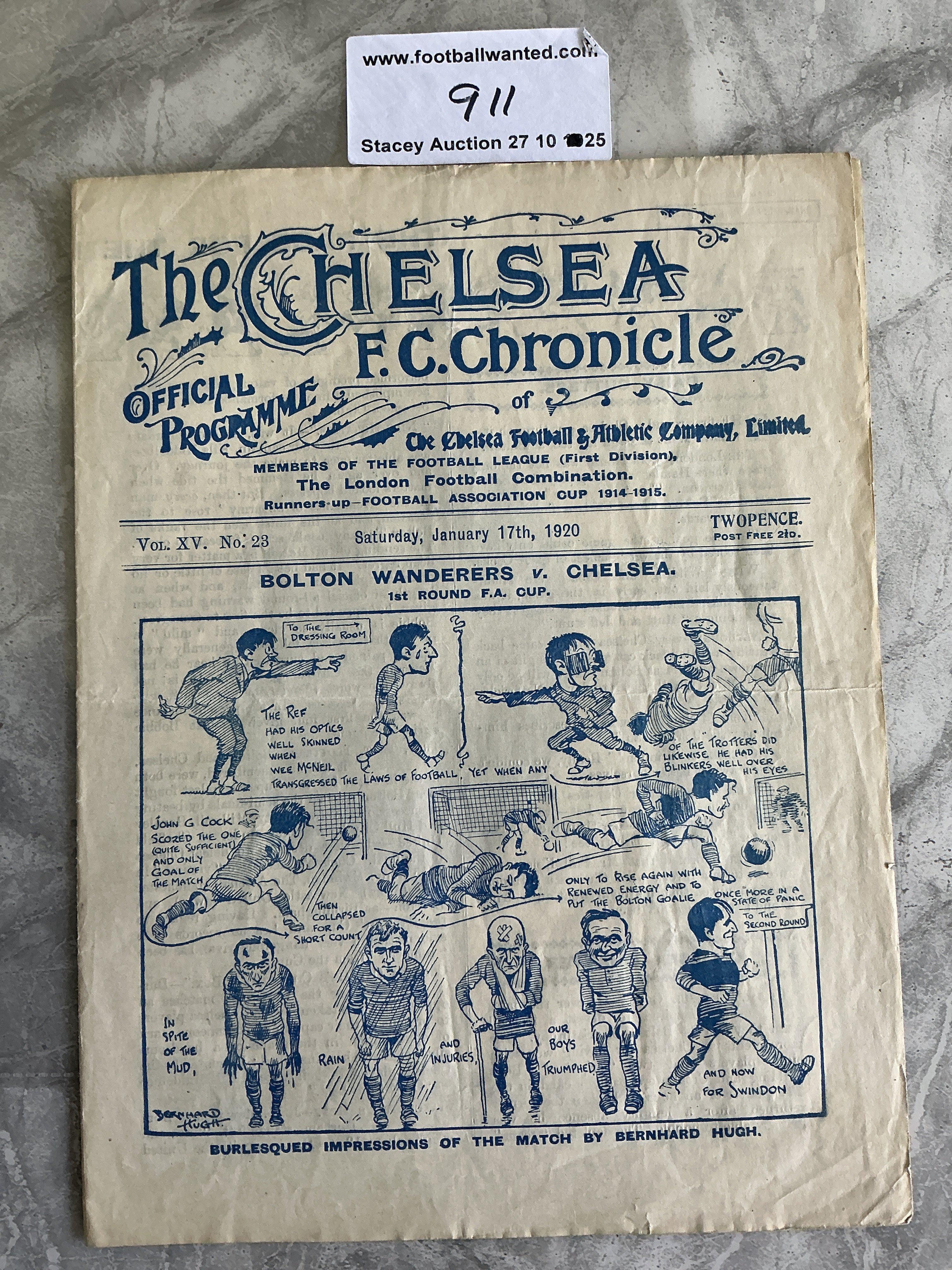 1919 - 1920 Chelsea v Manchester United Football Programme: Very good condition 4 page programme with no team changes. Inside there is a small insert of Jimmy Croal the Chelsea and Scottish International.
