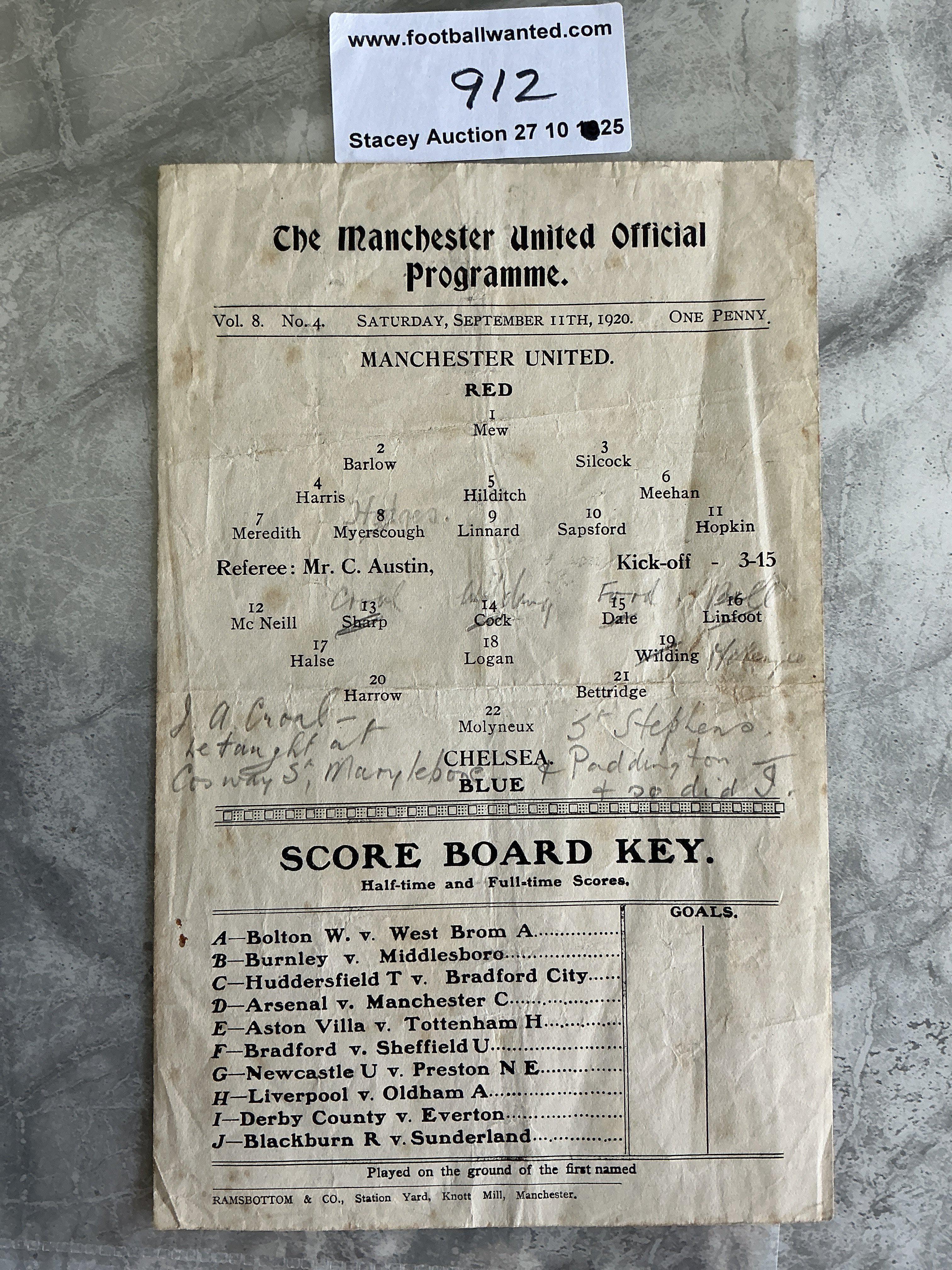 1920 - 1921 Manchester United v Chelsea Football Programme: Fair condition single sheet 1st Division programme with pencilled writing. Light foxing and folding.