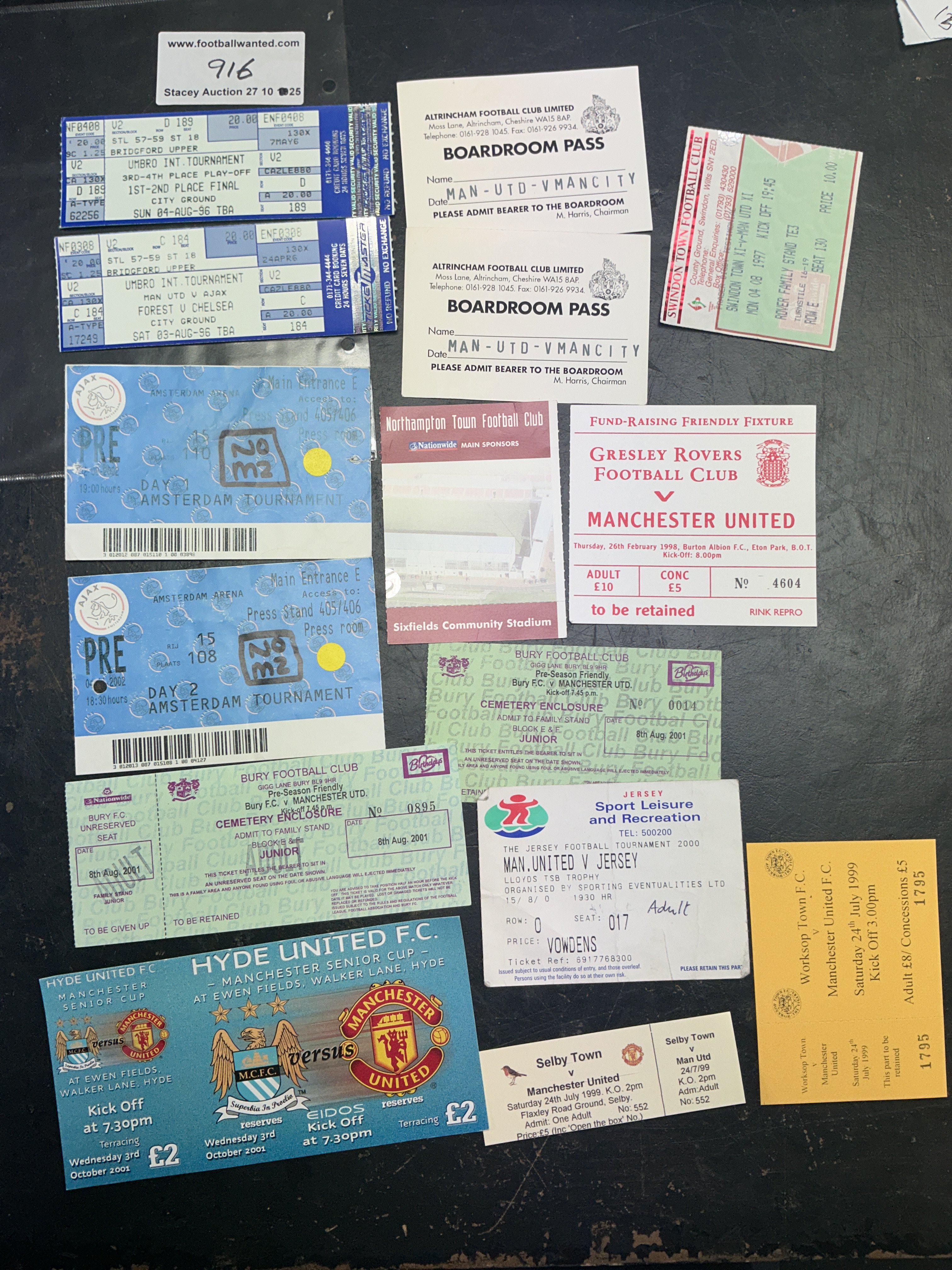 Manchester United Away Friendly Football Tickets: 99/00 Worksop, Selby, 97/98 Swindon, Gresley Rovers, 96/97 Ajax + Notts Forest both Umbro Tournament, 2000 Jersey Football Tournament, 01/02 Hyde Utd, Bury x 2 plus undated v Man City at Altrincham x 2, Amsterdam Tournament x 2. (15)