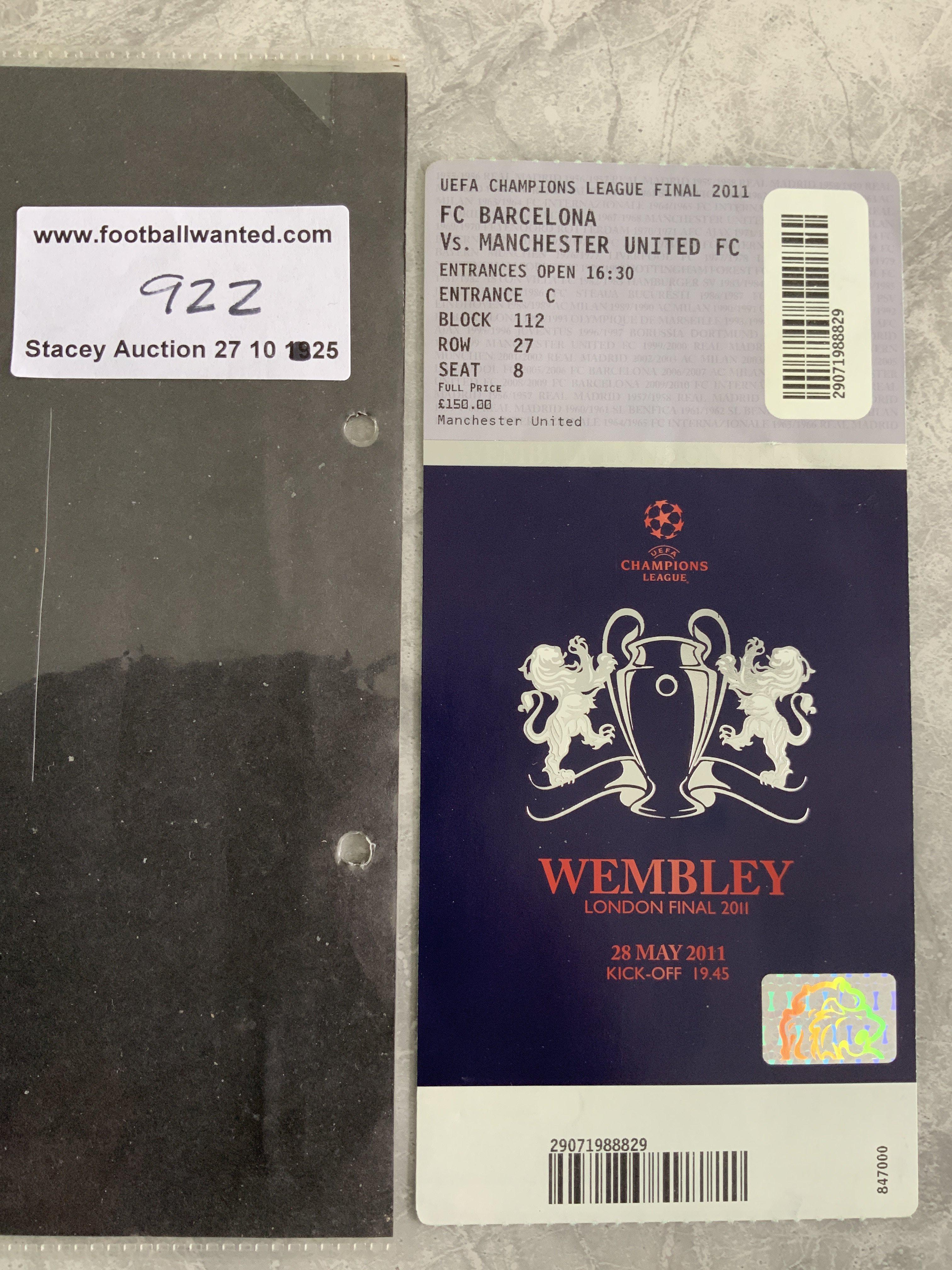 2011 Champions League Final Football Ticket: Barcelona v Manchester United played at Wembley in excellent condition. Couple of numbers written to rear.