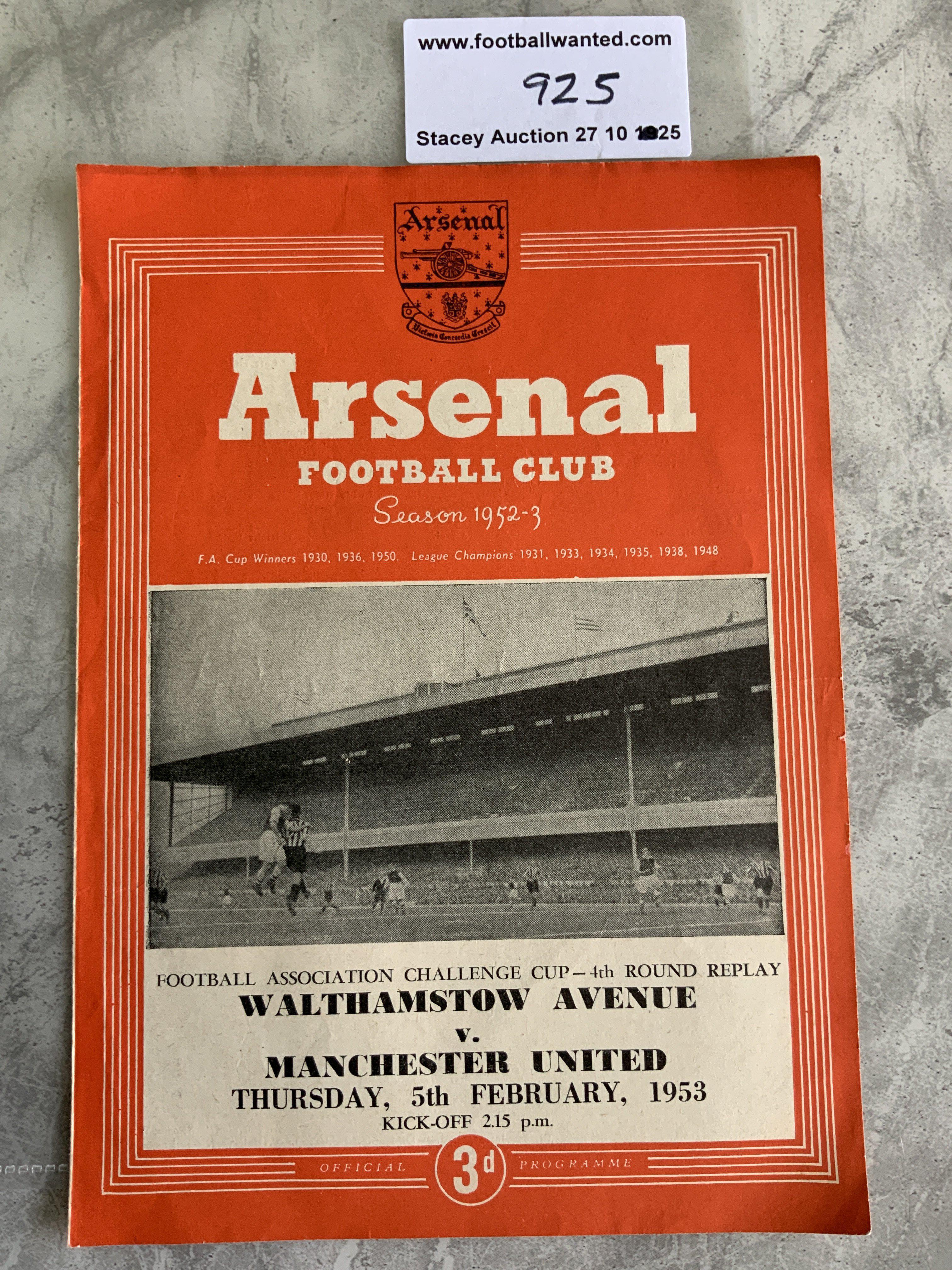 52/53 Walthamstow v Manchester United FA Cup Replay Football Programme: Played at Arsenal on 5 2 1953. Excellent condition 4 pager league match with team changes.