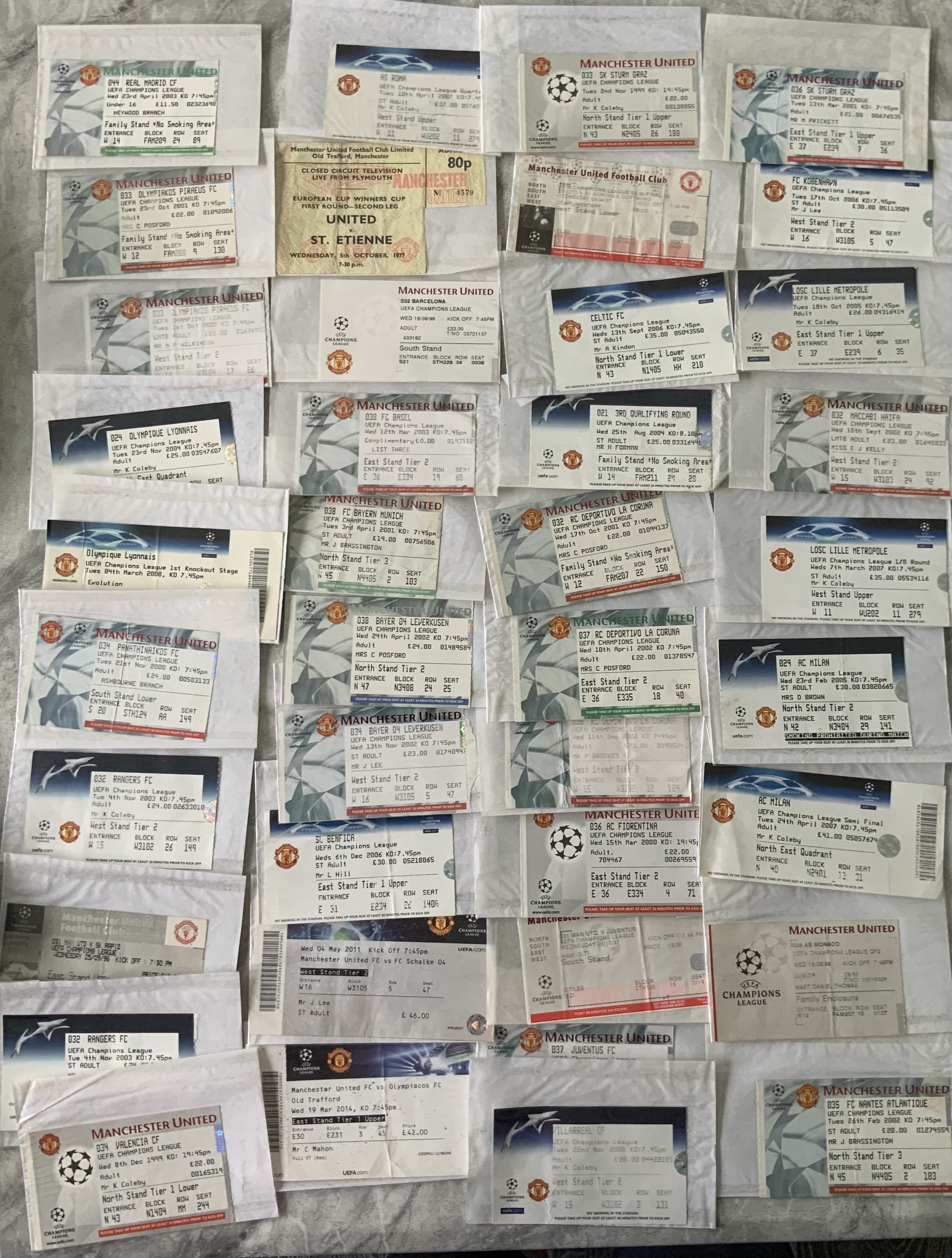 Manchester United Home European Match Football Tickets: All Champions League matches except for 77/78 St Etienne beam back played at Plymouth which has piece cut out. The rest are excellent all from 2000 onwards except 98/99 Barcelona.