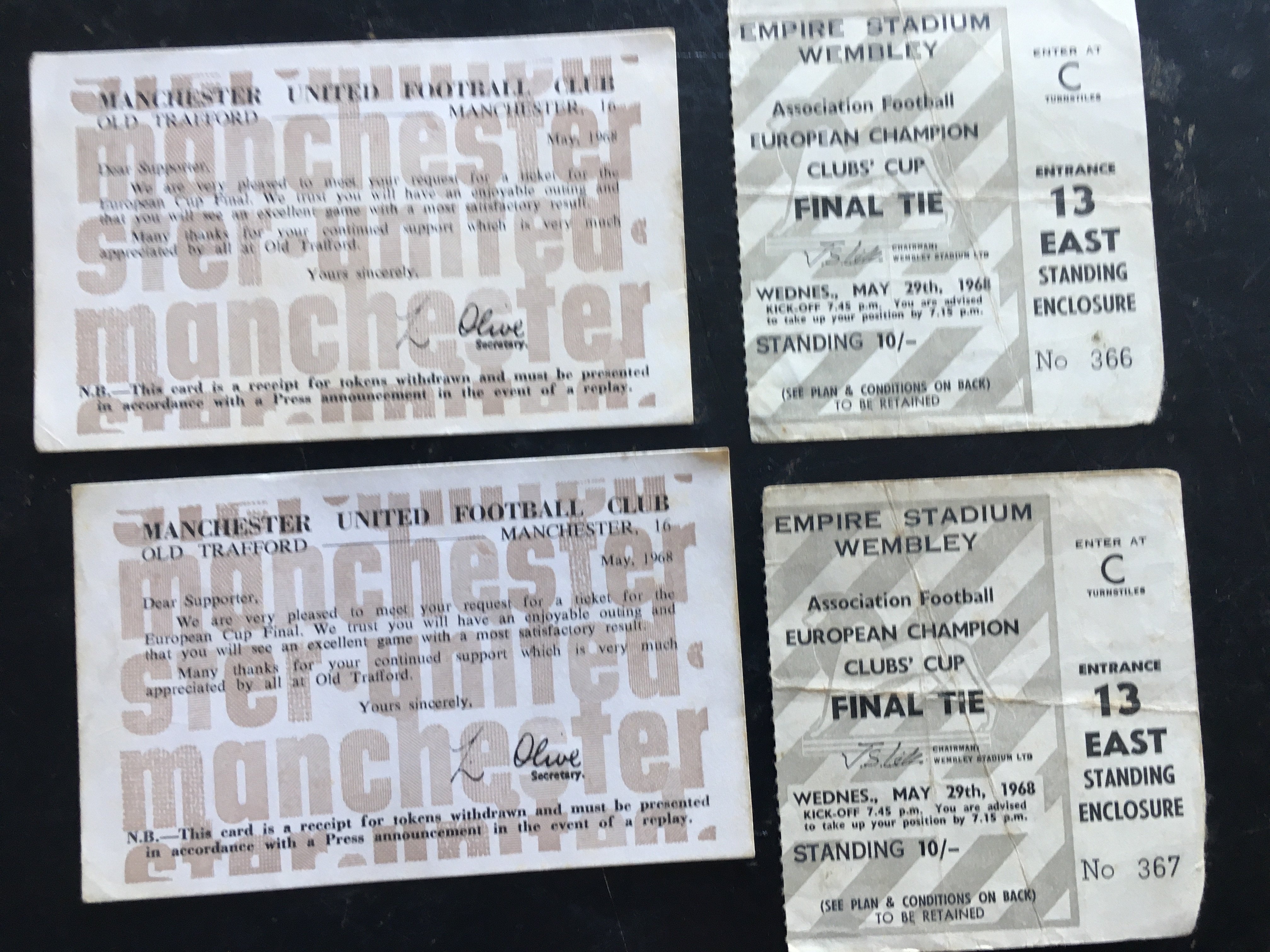 1968 European Cup Final Football Tickets: Two tickets to the Manchester United v Benfica match at Wembley with folding. C/W receipt for both in card format from Manchester United. (4)