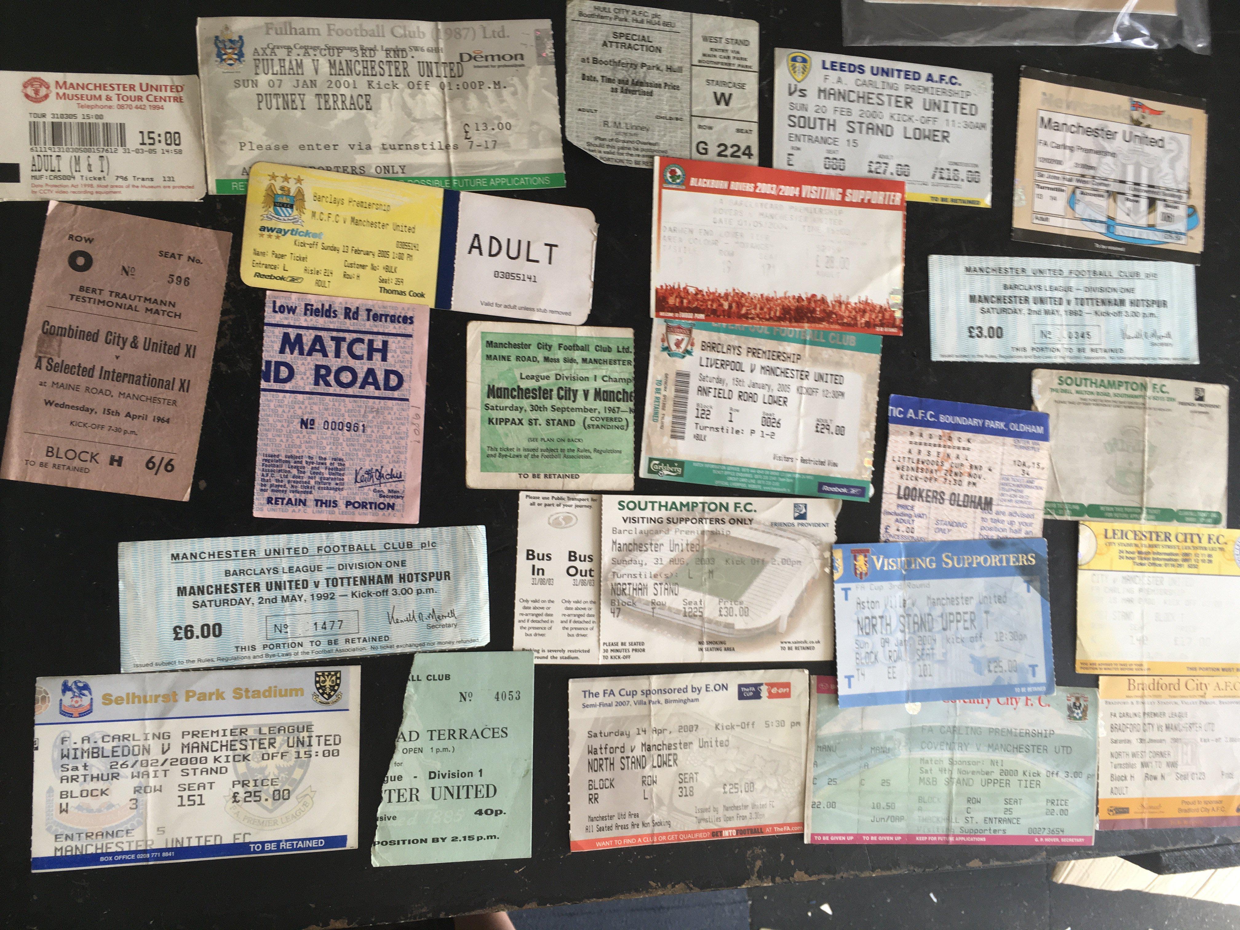 Manchester United Away Football Tickets: 1964 Trautmann testimonial Man Utd/City v International X1 and 67/68 Manchester City are the highlights with some more modern. (20+)