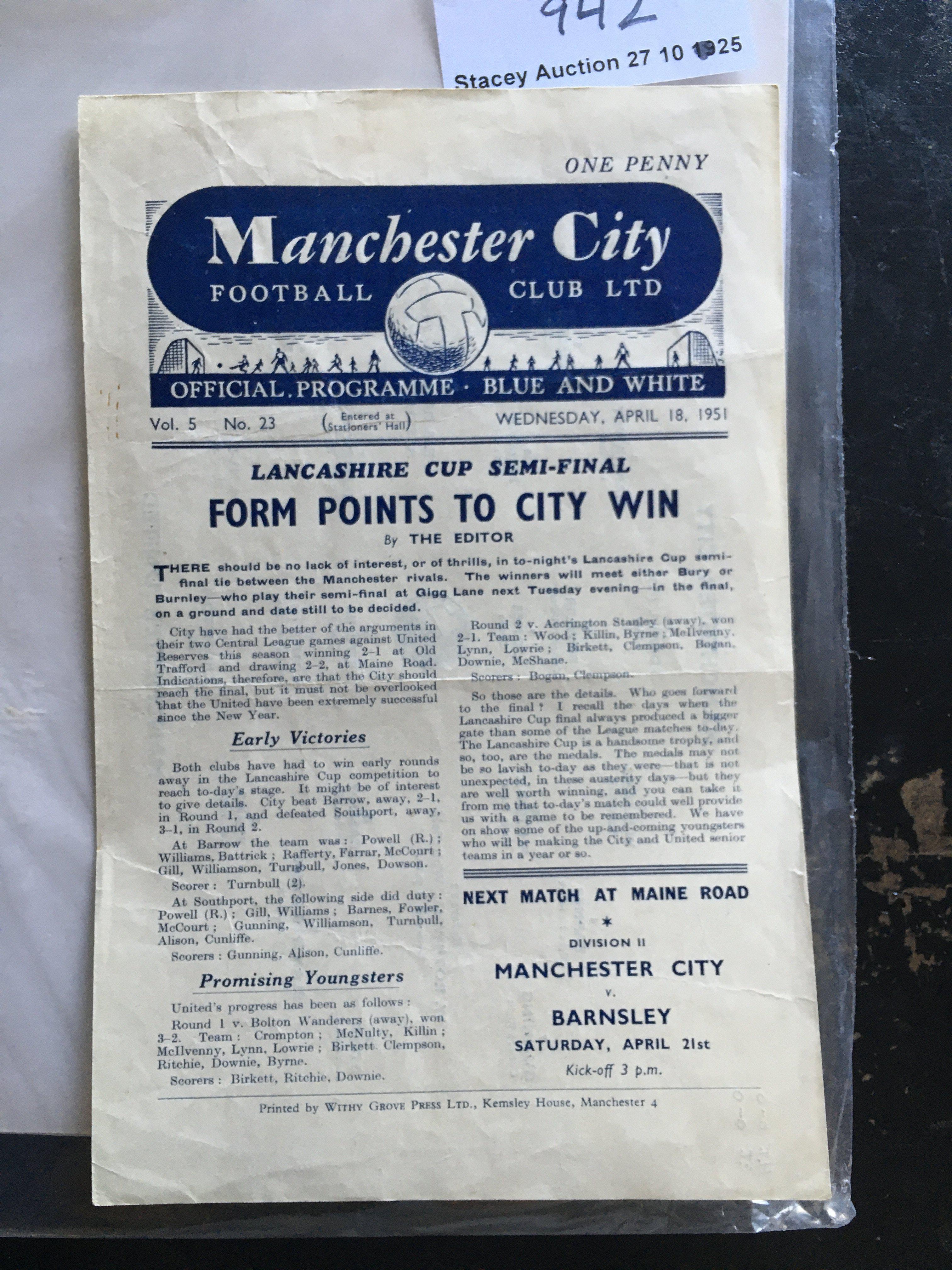 50/51 Manchester City v Manchester United Lancs Cup Football Programme: Semi final played at Maine Road on 18 4 1951. Single sheet with no team changes but score written neatly.