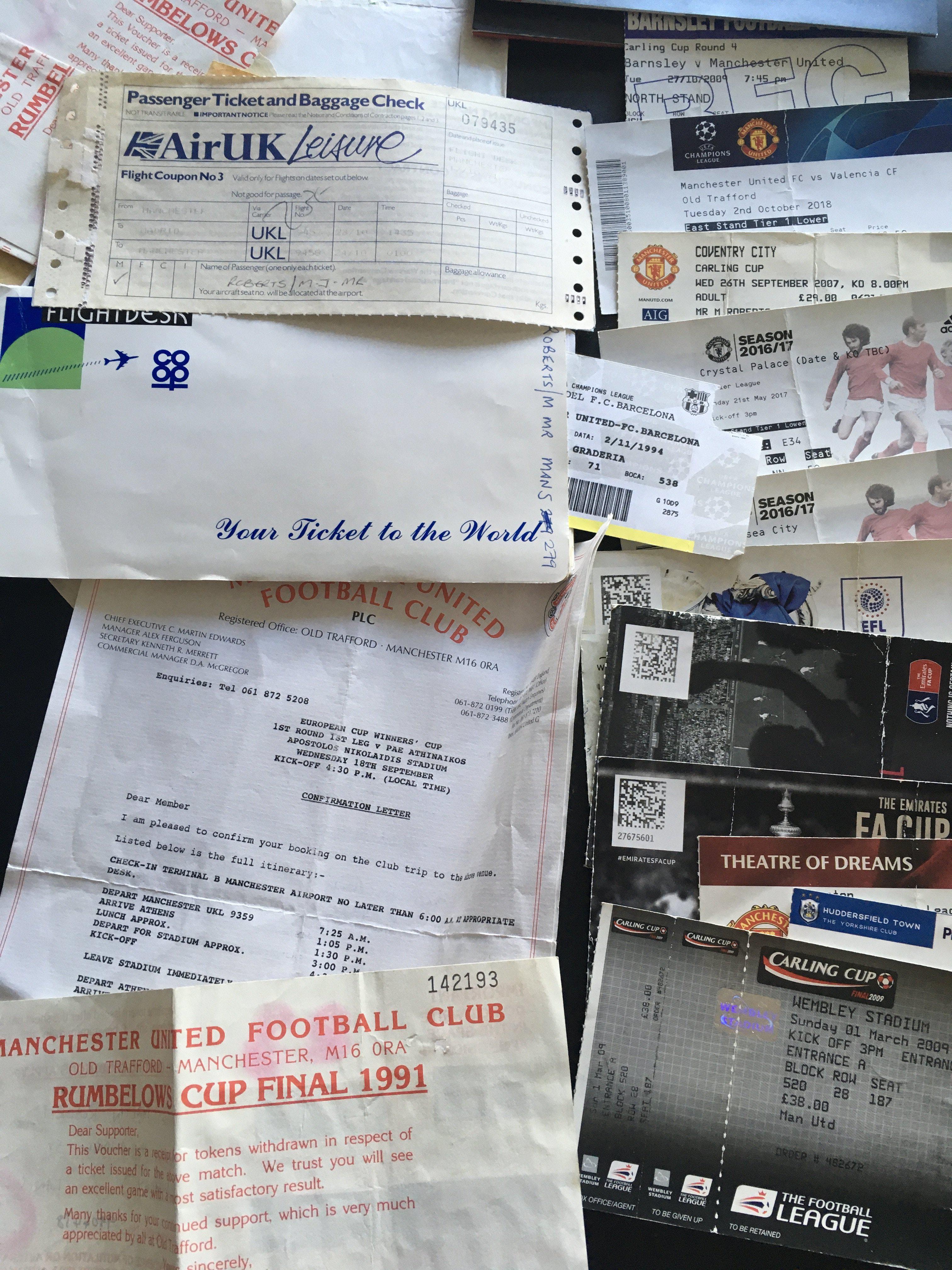 Manchester United European Away Tickets + Documents: Travel itineraries to 1991 Montpellier, Barcelona and 1994 Barcelona. C/W some other big match Man Utd tickets.