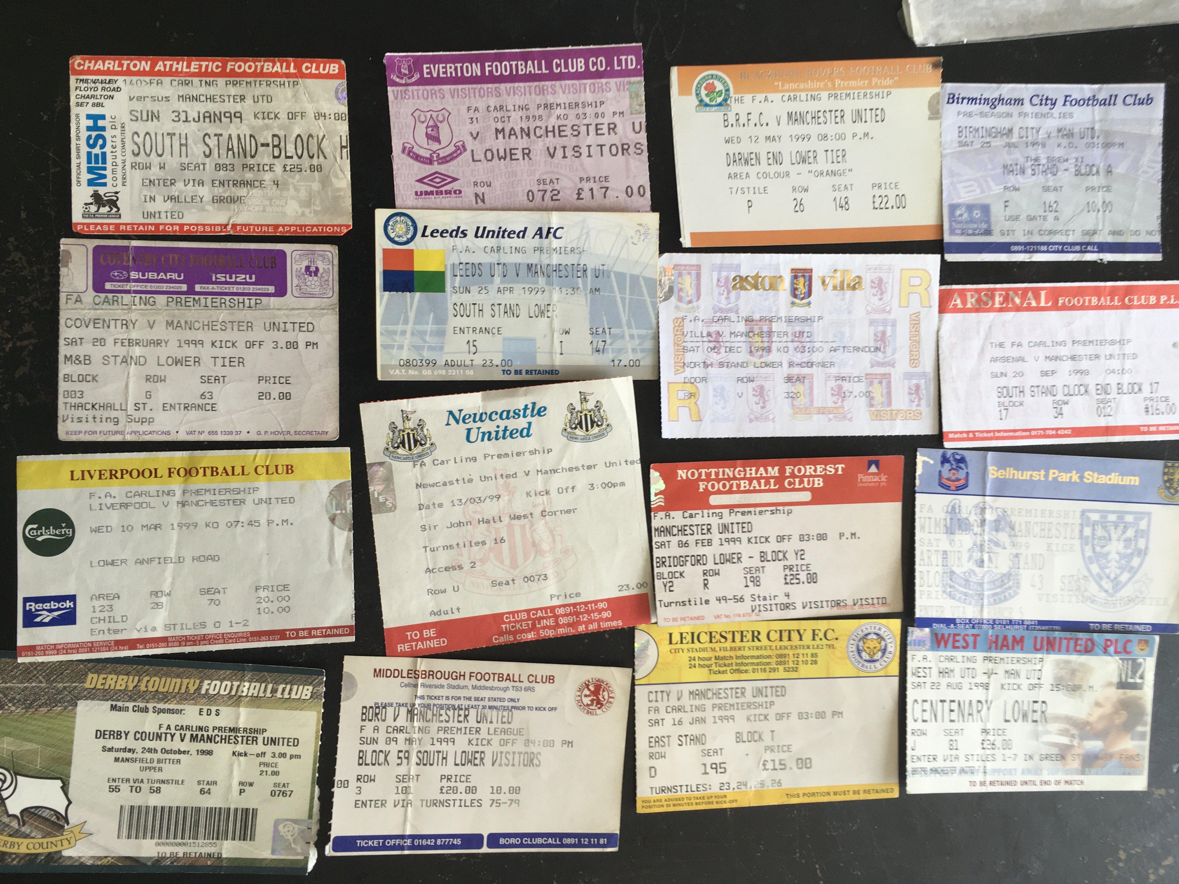 Manchester United 98/99 Treble Season Away Football Tickets: Includes pre season friendly v Birmingham the rest all Premier League matches from the famous season. (16)