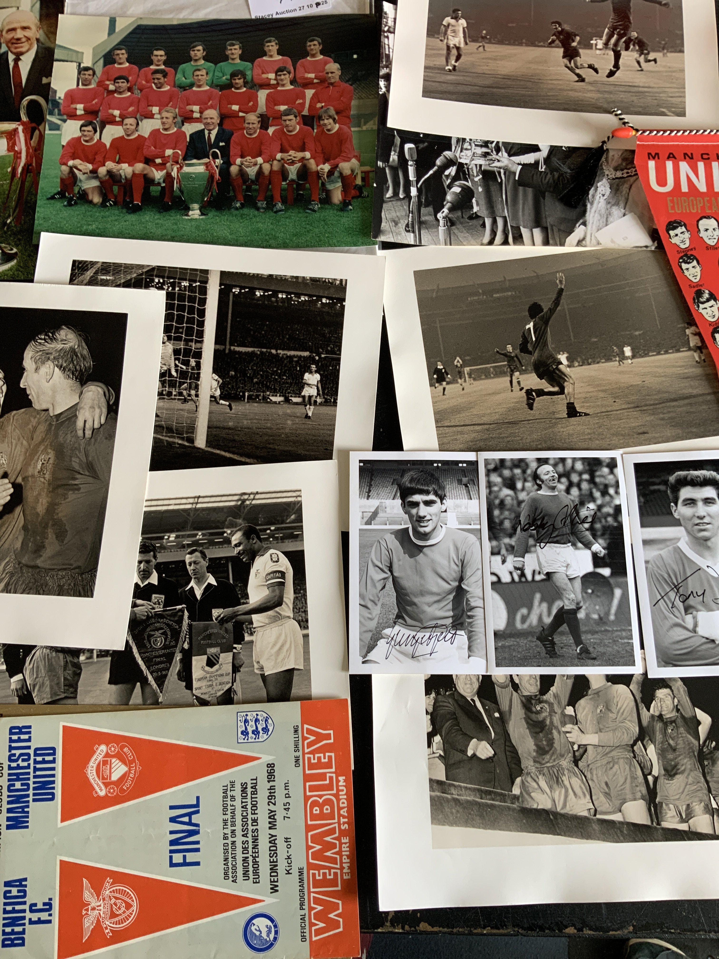 Manchester United 1968 European Cup Final Memorabilia: 3 postcards of Best Stiles and Dunne all probably hand signed. C/W final programme, photos and a pennant with result on.